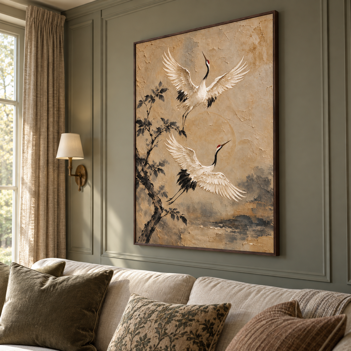 Two white cranes with dark wing tips and red crowns rising beside a dark leafy branch on a beige background, shown from an angle in the room.