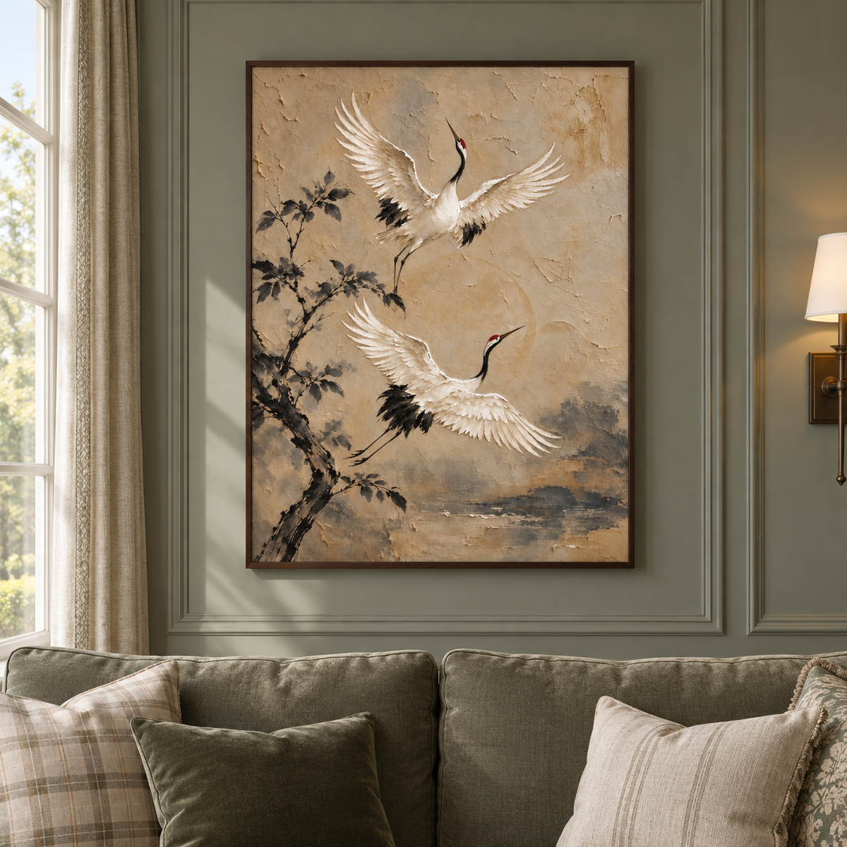 Two white cranes with dark wing tips and red crowns rising beside a dark leafy branch on a beige background, in a traditional living room.