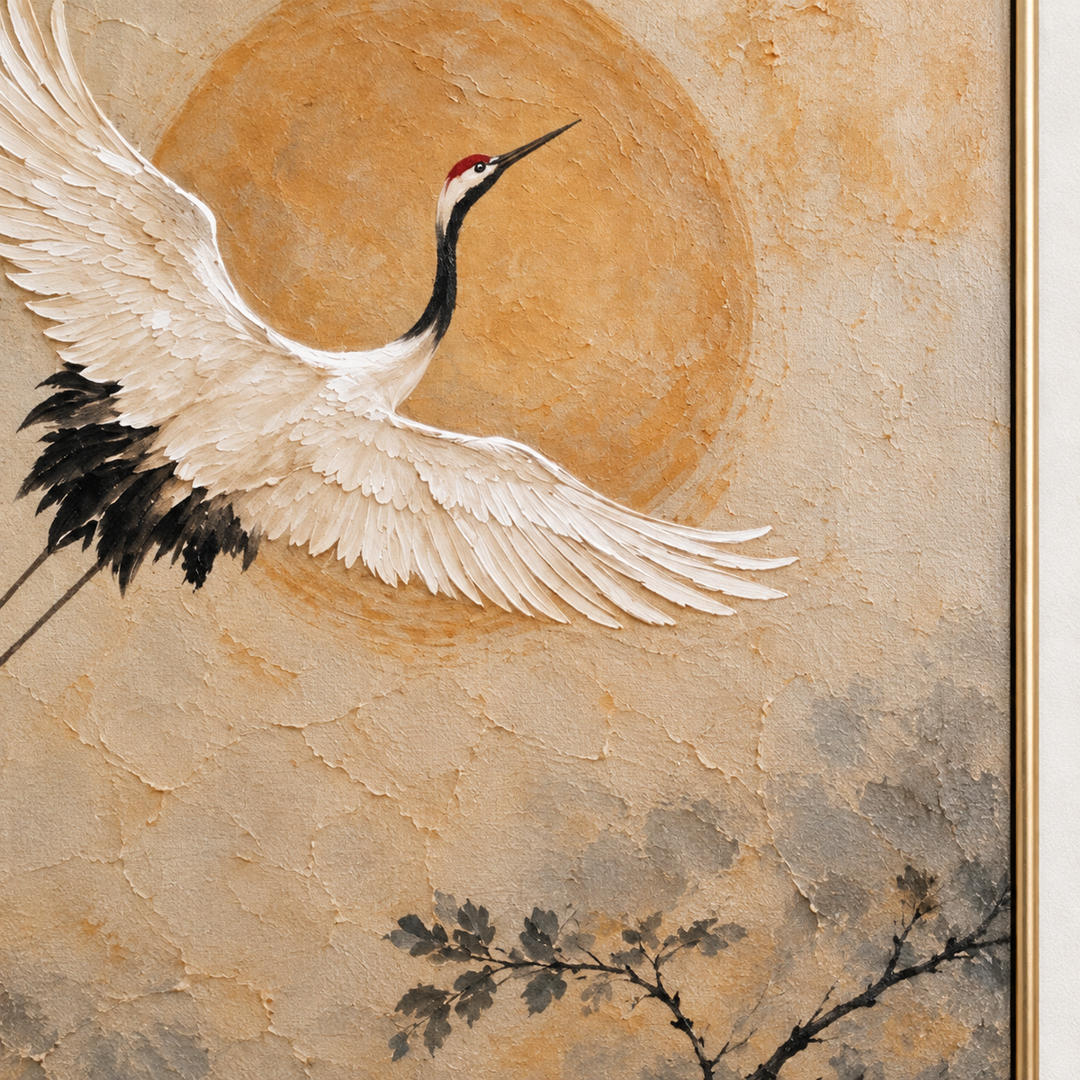 Two white cranes rising past an ochre sun above dark branches on a warm beige background, close-up of the painted details.