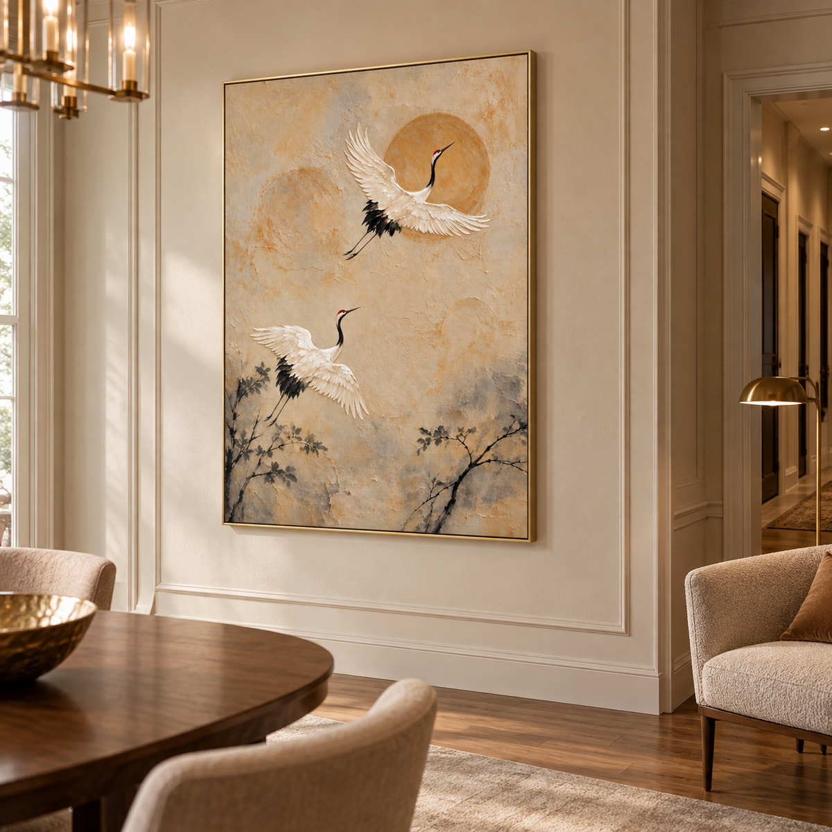 Two white cranes rising past an ochre sun above dark branches on a warm beige background, shown from an angle in the room.