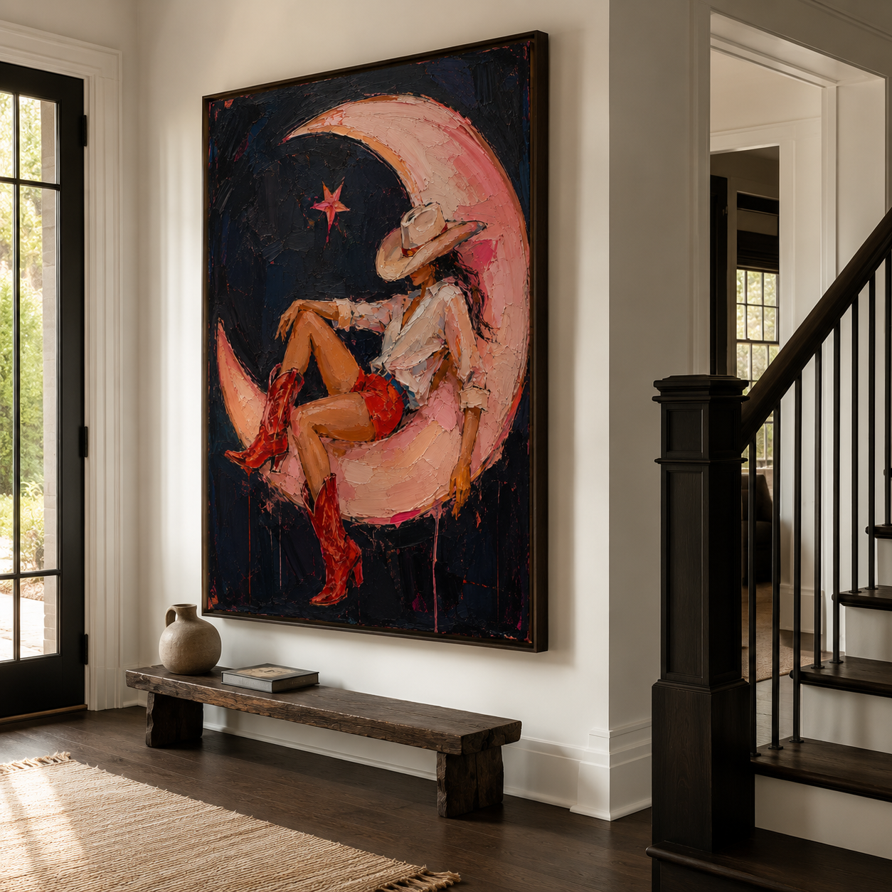 Modern cowgirl wall art in pink red and midnight tones