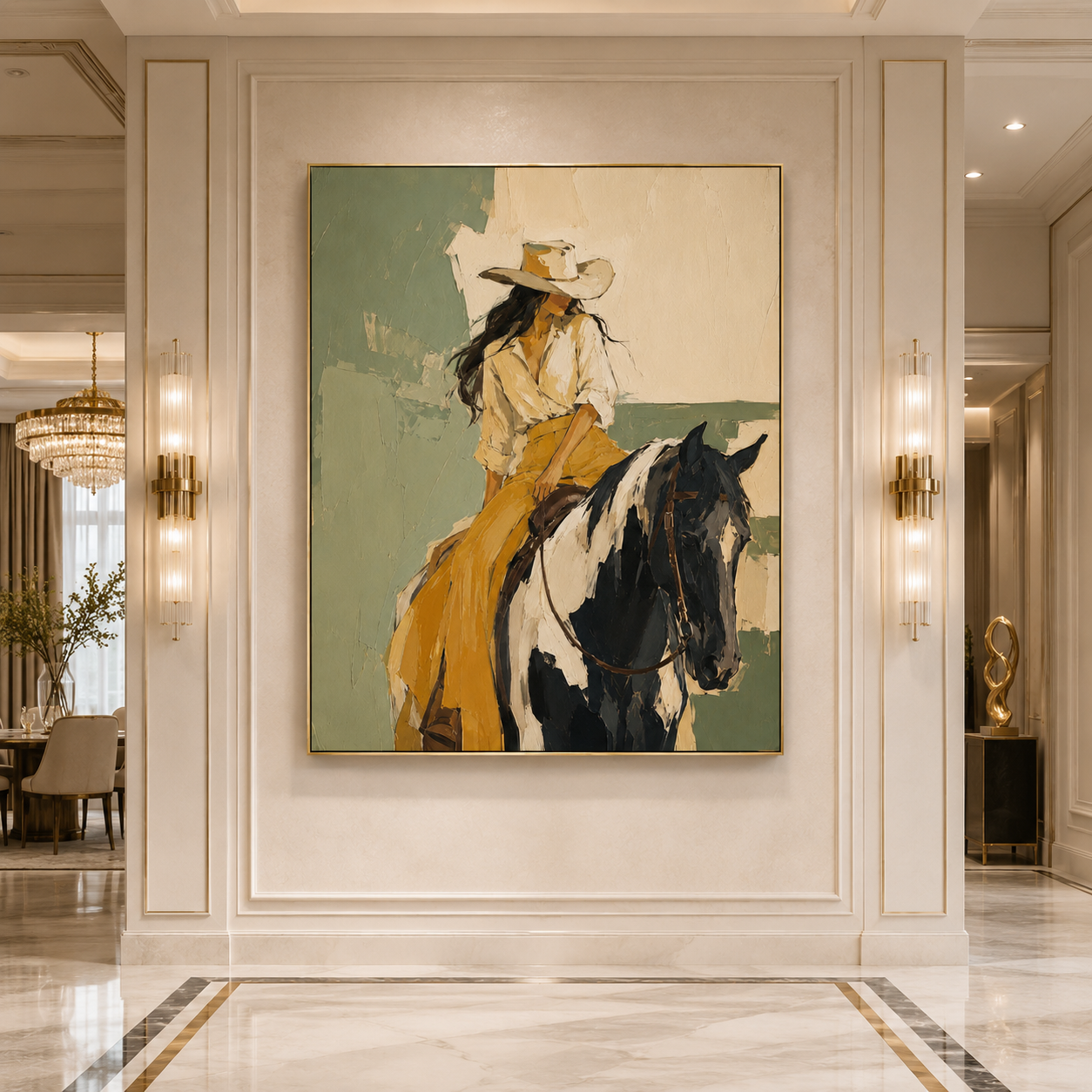Quiet Horizon | Hand-Painted Cowgirl on Horse Wall Art | Modern Western Equestrian Oil Painting