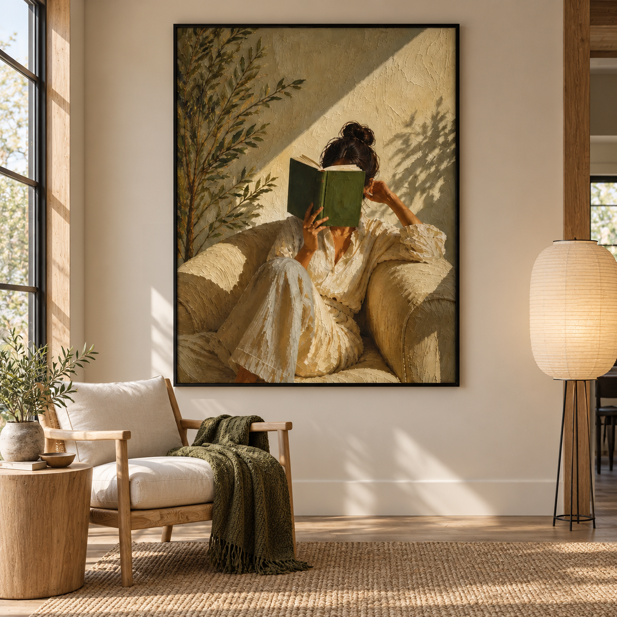 A woman in cream clothing curled in an armchair with a green book covering her face, beside leafy branches and a diagonal band of sunlight, shown in room setting 2.