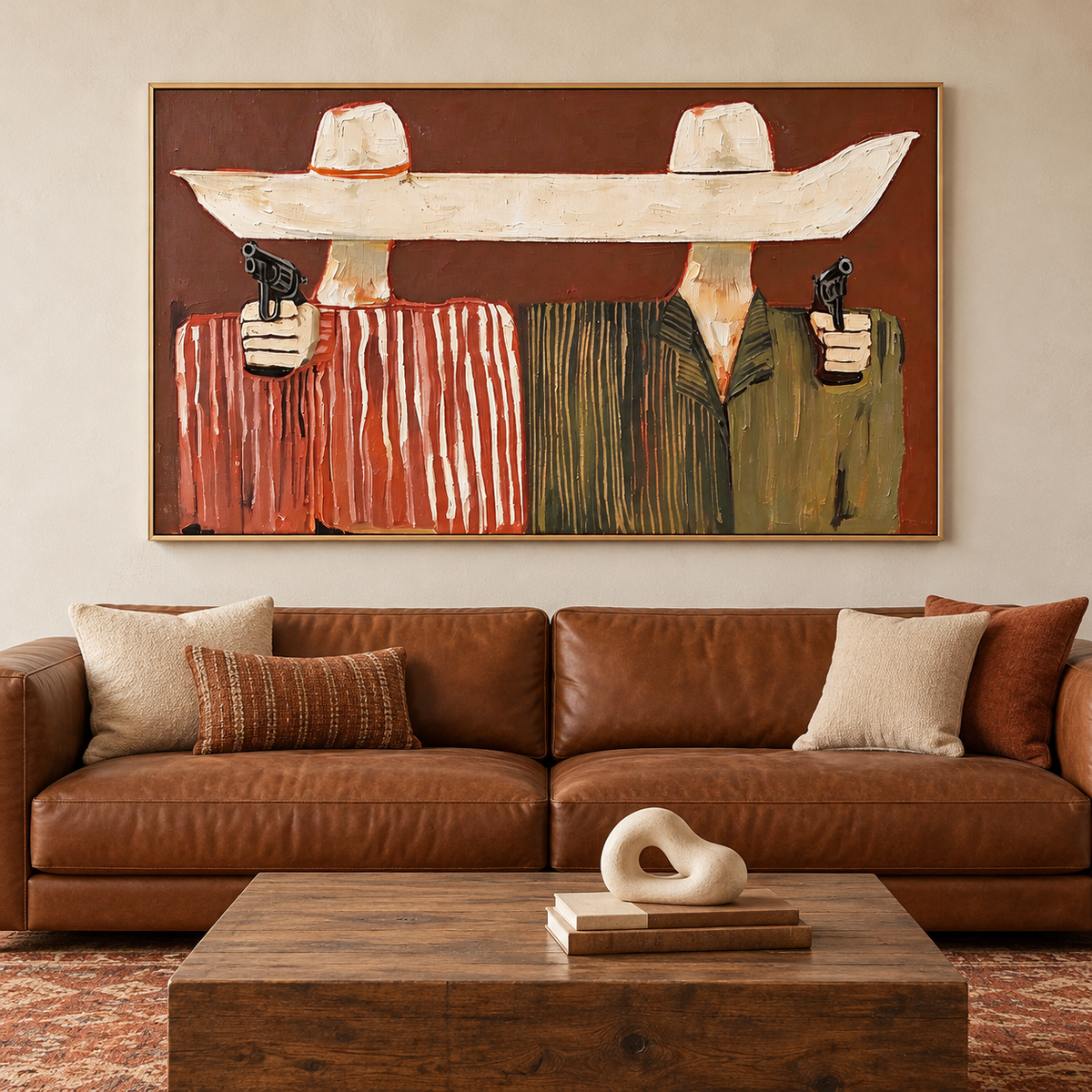 Two faceless cowboys in red-striped and olive-green jackets holding black revolvers toward the viewer beneath an exaggerated continuous cream hat brim on a rust-red background, shown in room setting 1.
