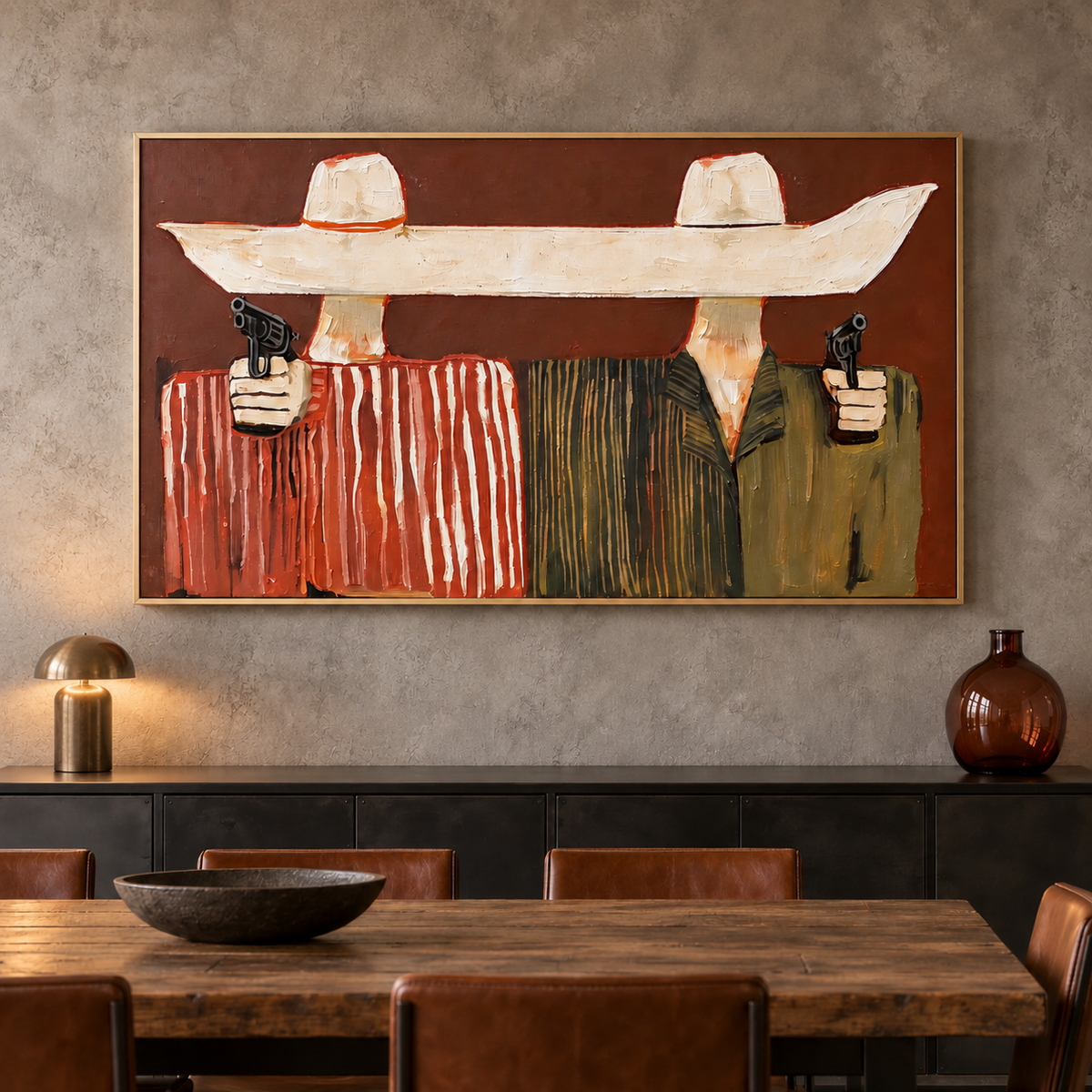 Two faceless cowboys in red-striped and olive-green jackets holding black revolvers toward the viewer beneath an exaggerated continuous cream hat brim on a rust-red background, shown in room setting 2.