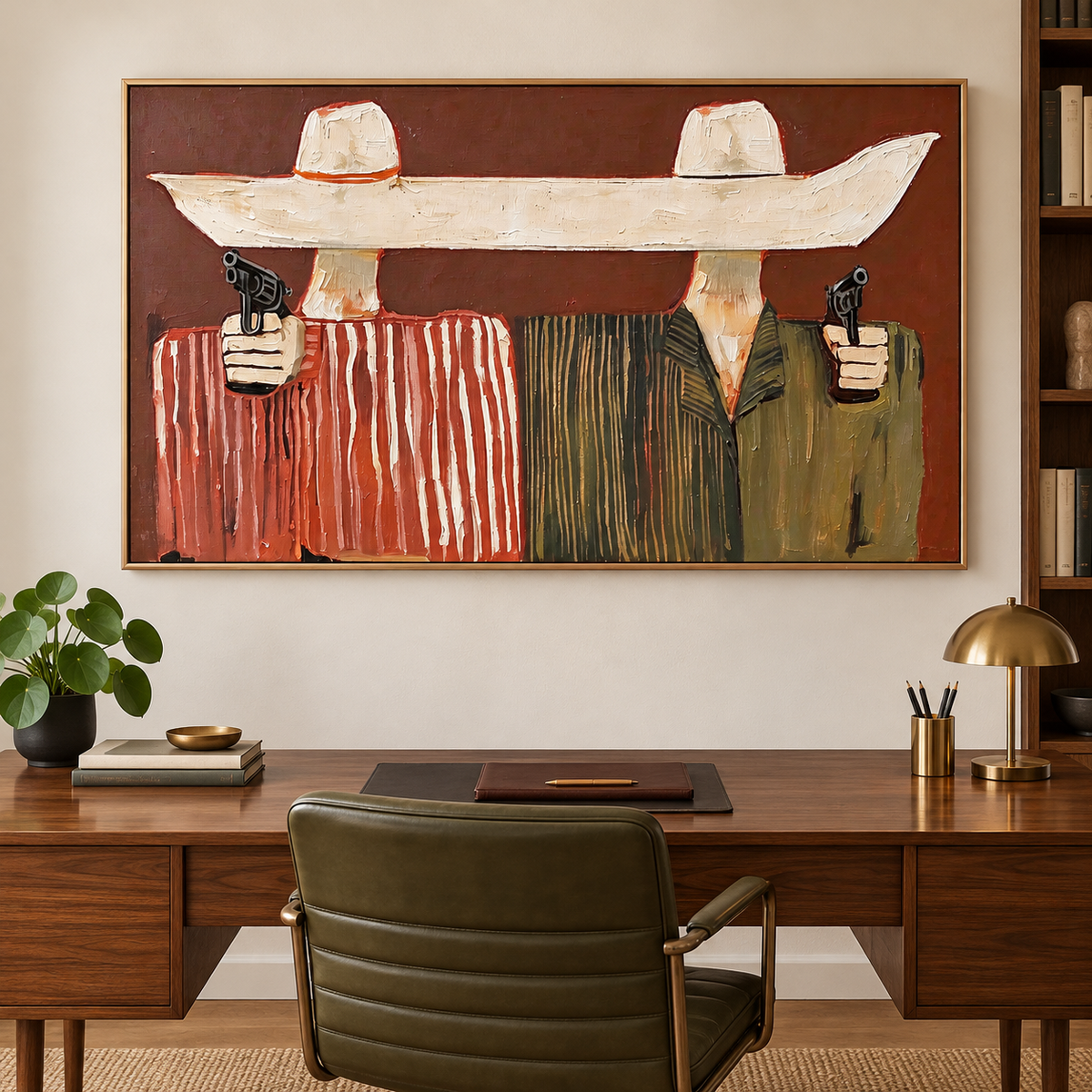 Two faceless cowboys in red-striped and olive-green jackets holding black revolvers toward the viewer beneath an exaggerated continuous cream hat brim on a rust-red background, shown in room setting 3.