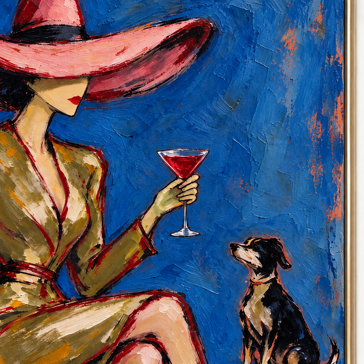 A seated woman in an oversized pink hat holding a red cocktail beside a small dark dog against a rich blue background, close-up of the painted details.