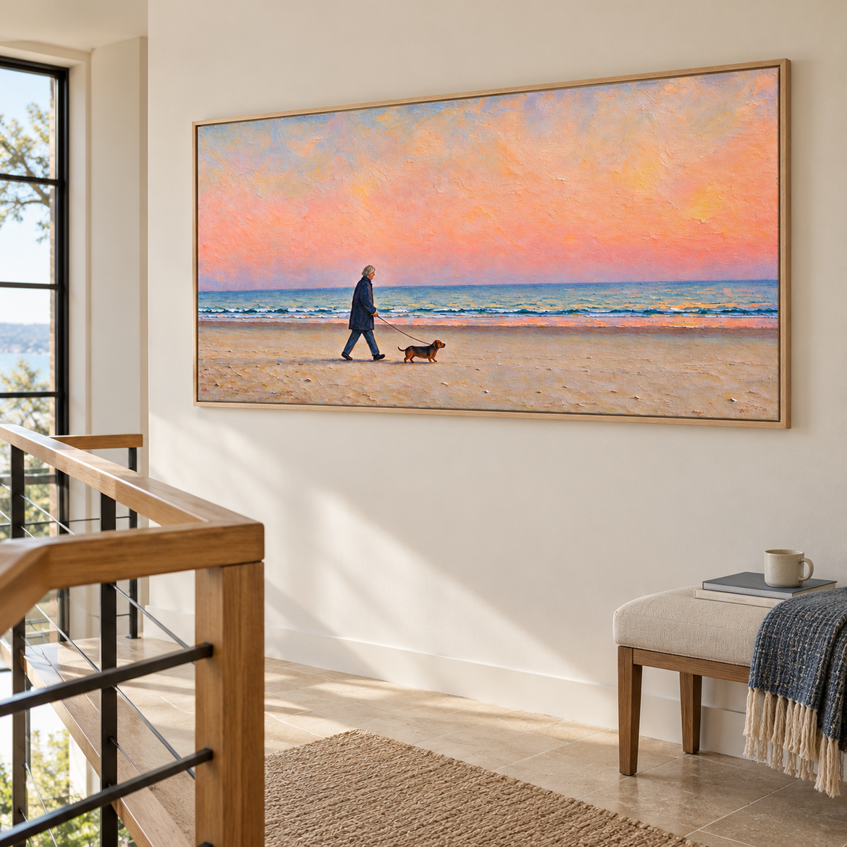 A silver-haired man in a navy coat walking a small brown dog along a sandy beach beneath a broad peach-pink sky with a narrow band of blue ocean waves, shown in room setting 4.