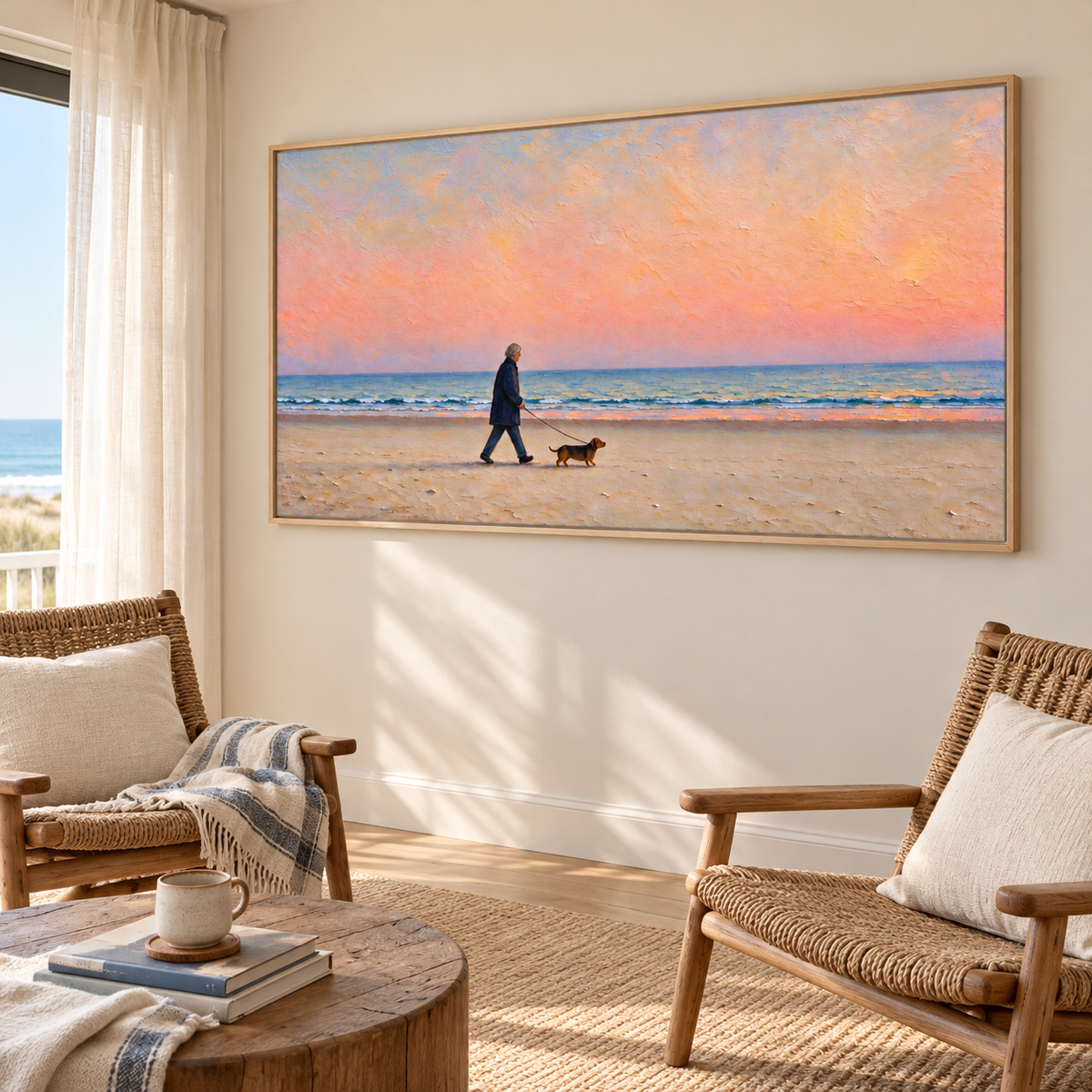 A silver-haired man in a navy coat walking a small brown dog along a sandy beach beneath a broad peach-pink sky with a narrow band of blue ocean waves, shown in room setting 5.