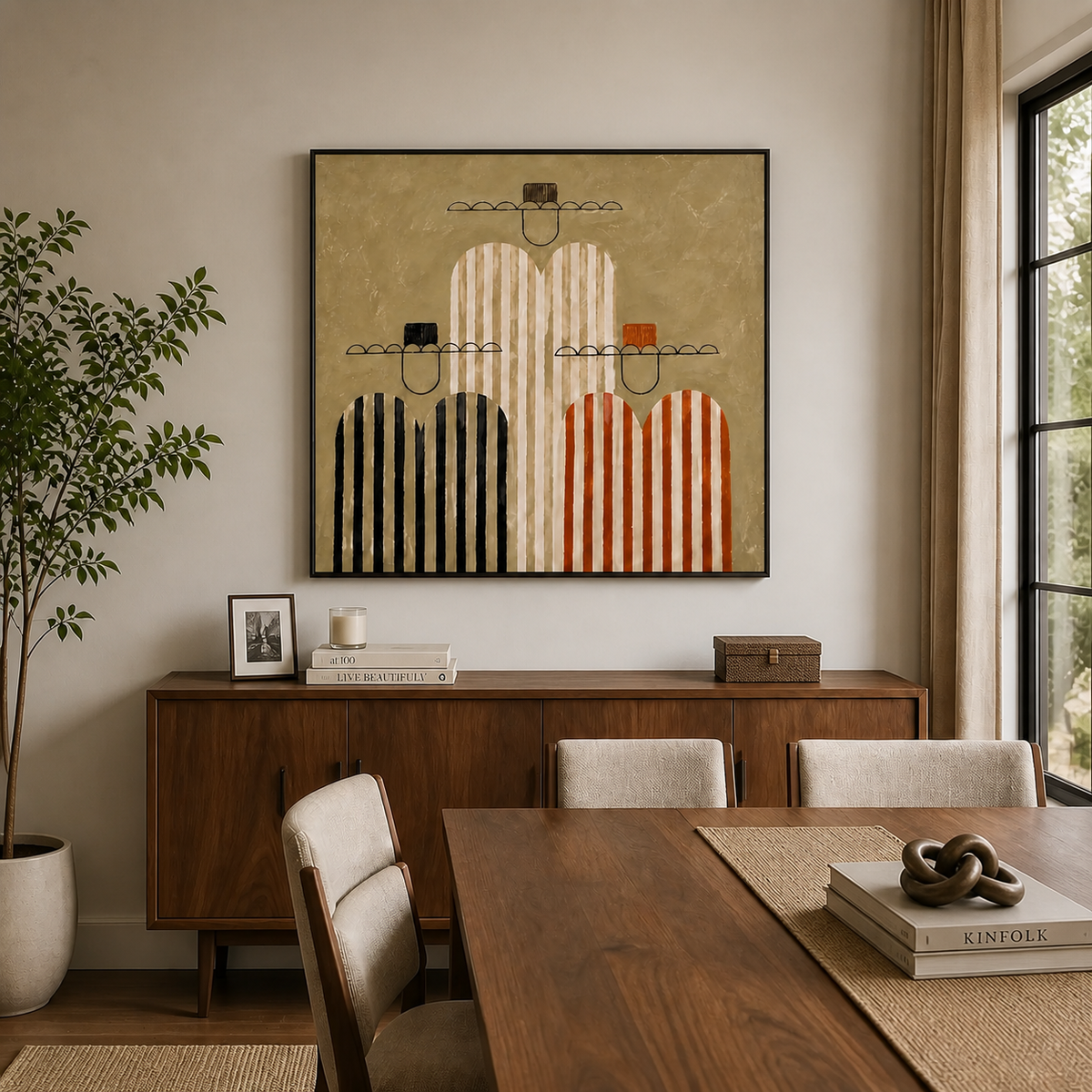 Three-cowboy wall art with striped black, cream and rust figures displayed above a wooden entryway console.