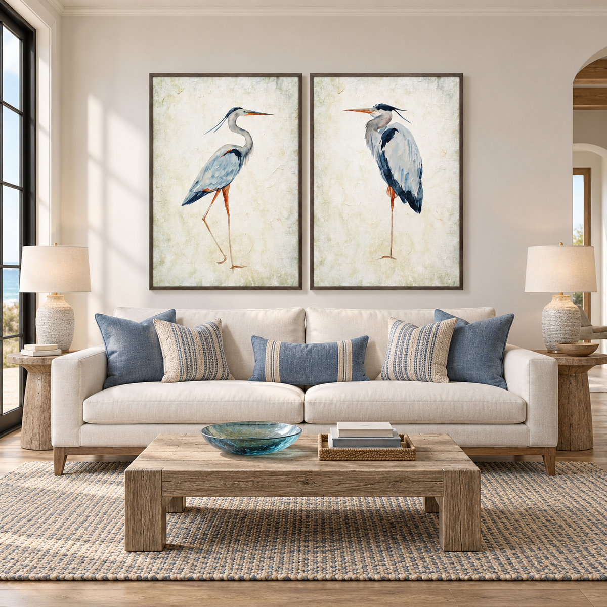 A two-panel blue heron wall art set with one long-legged heron on each pale ivory panel, the birds facing inward with blue-gray feathers and orange bills, shown in room setting 1.