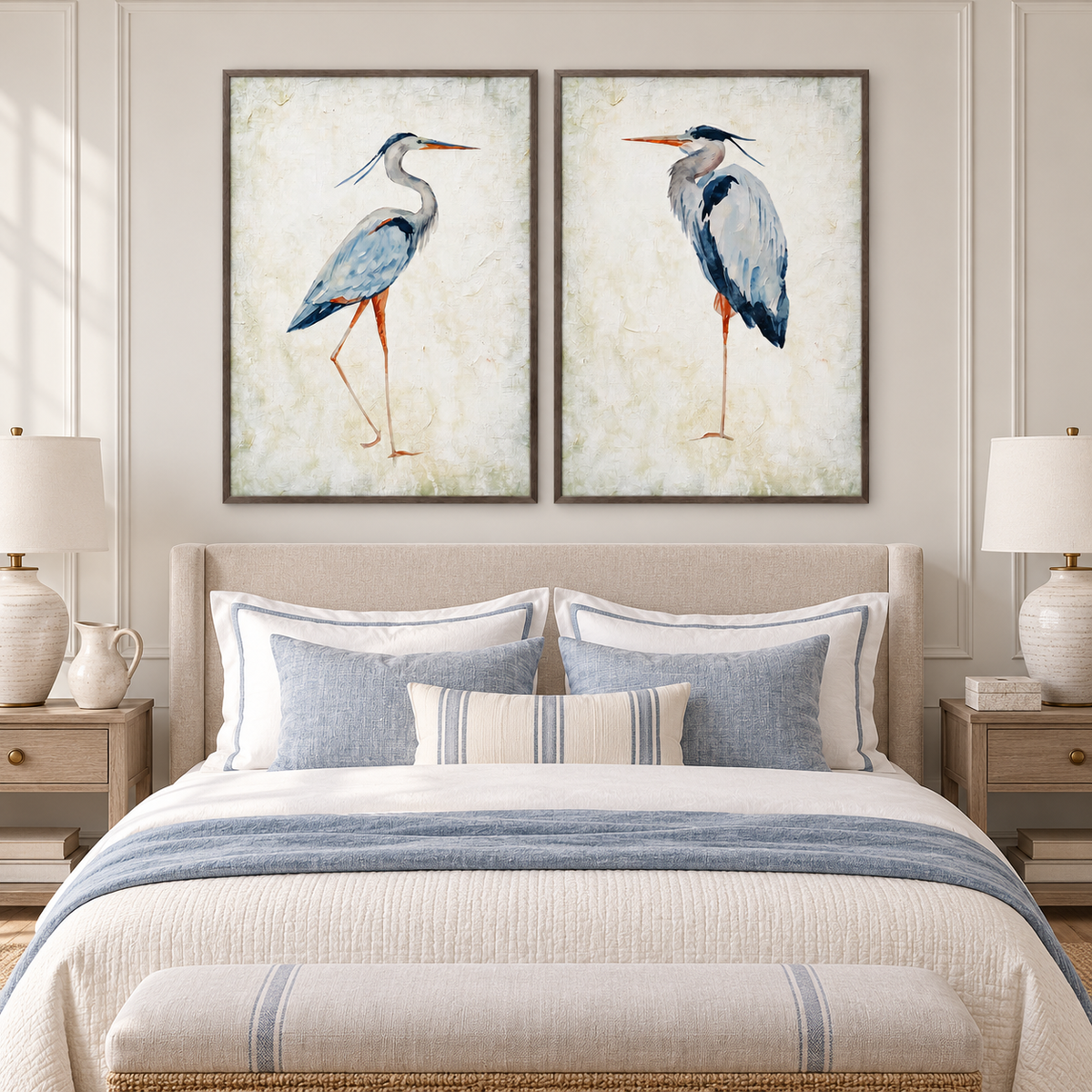 A two-panel blue heron wall art set with one long-legged heron on each pale ivory panel, the birds facing inward with blue-gray feathers and orange bills, shown in room setting 2.