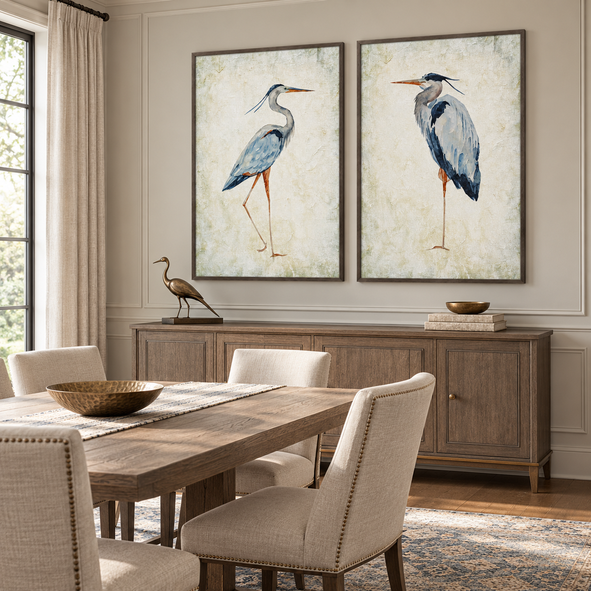 A two-panel blue heron wall art set with one long-legged heron on each pale ivory panel, the birds facing inward with blue-gray feathers and orange bills, shown in room setting 4.