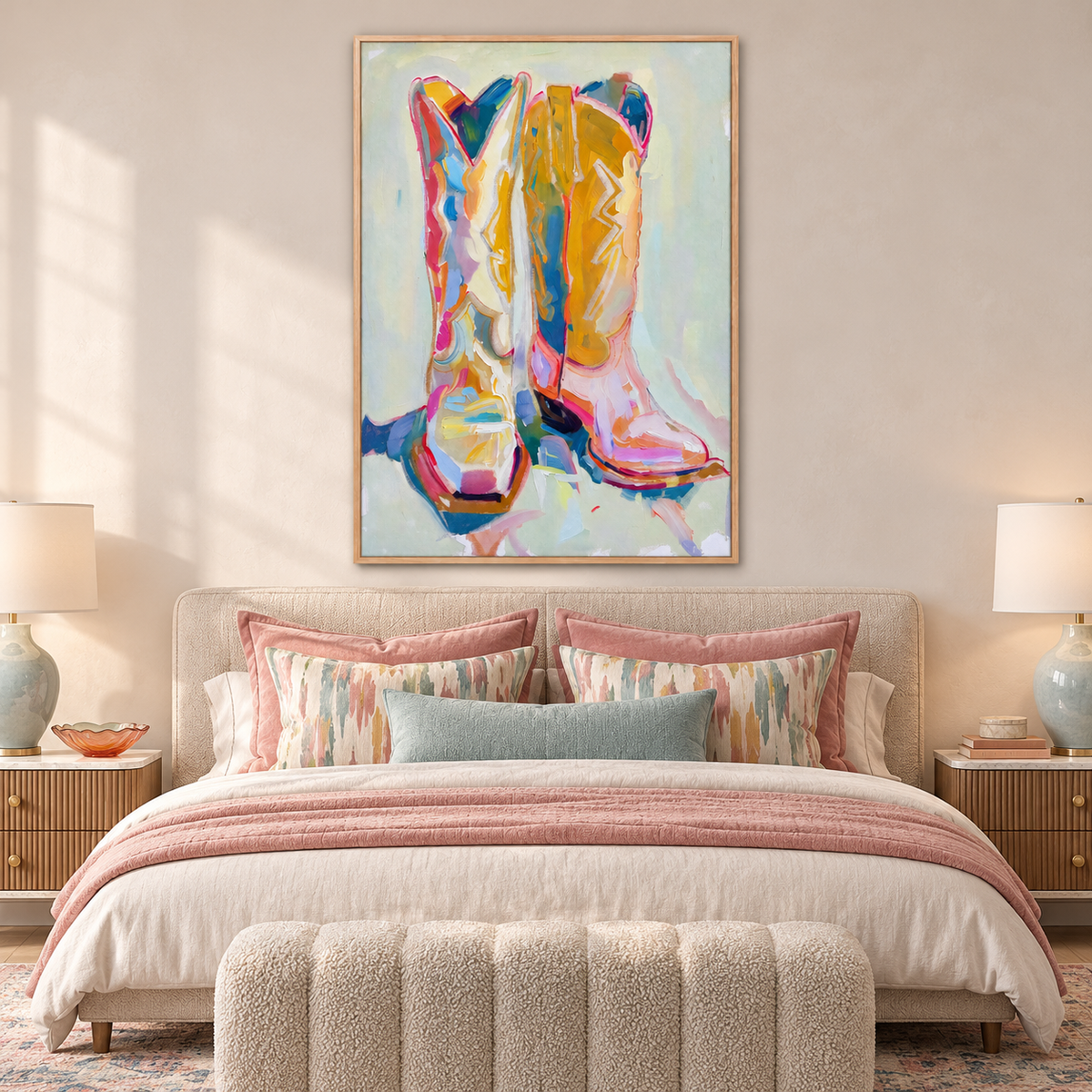 A pair of cowboy boots, one facing forward and one angled to the side, in broad yellow, pink, blue and cream strokes against a pale mint background, in a bedroom.