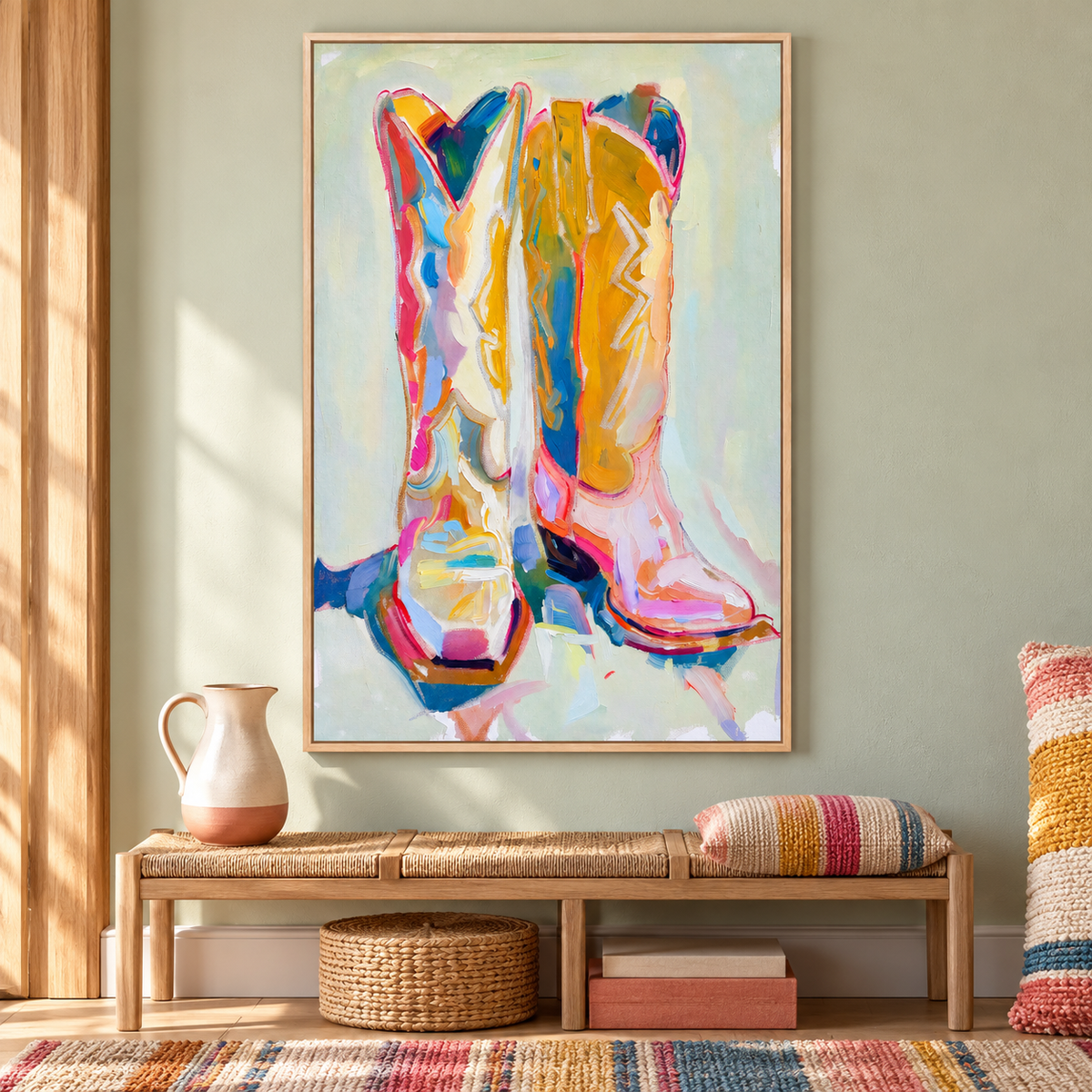 A pair of cowboy boots, one facing forward and one angled to the side, in broad yellow, pink, blue and cream strokes against a pale mint background, in an entryway.
