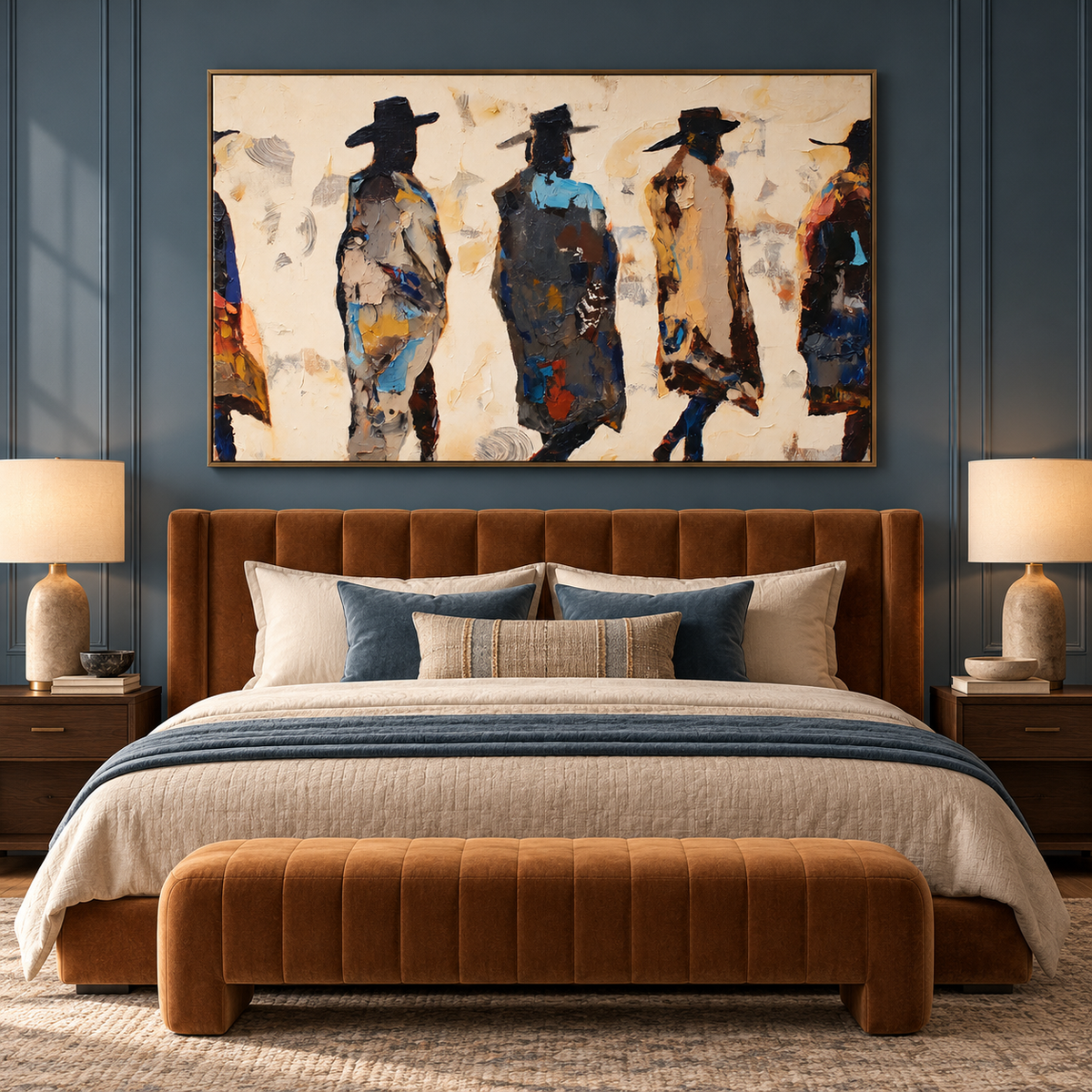 Five cowboy figures are seen from behind in a broad, painterly arrangement, with dark hats and coats against cream, ochre, and deep blue-gray strokes., in a bedroom.