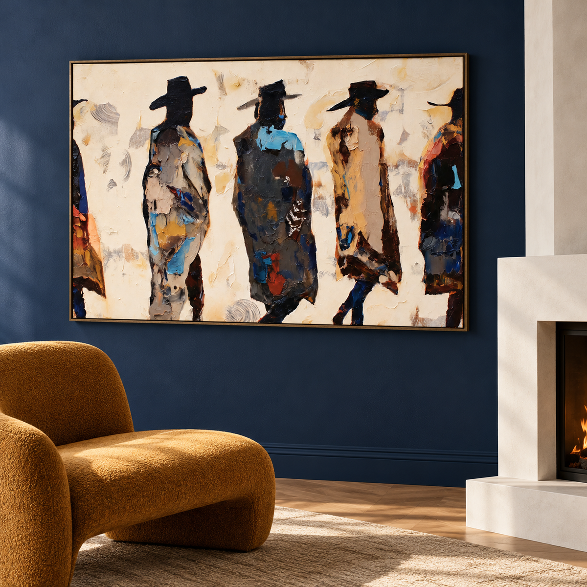 Five cowboy figures are seen from behind in a broad, painterly arrangement, with dark hats and coats against cream, ochre, and deep blue-gray strokes., shown from an angle beside a fireplace.