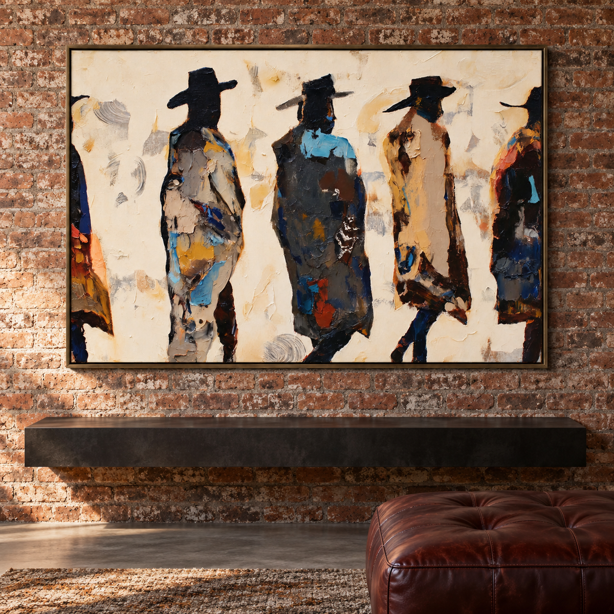 Five cowboy figures are seen from behind in a broad, painterly arrangement, with dark hats and coats against cream, ochre, and deep blue-gray strokes., in a lounge.