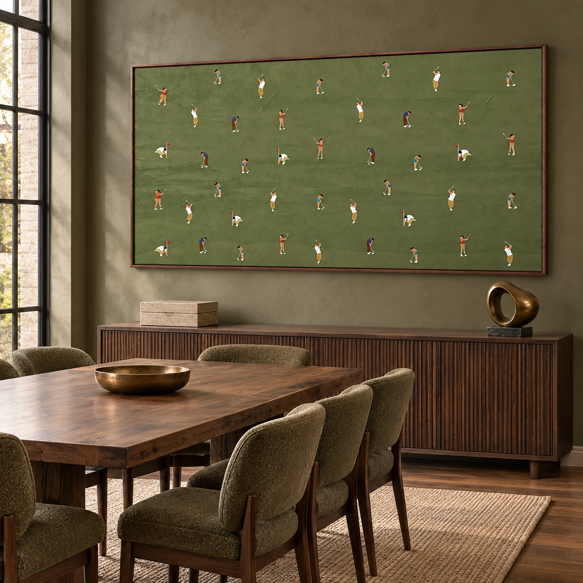A repeating arrangement of small golfers swinging, putting and crouching beside red flags on a broad olive-green field, shown from an angle in a dining room.