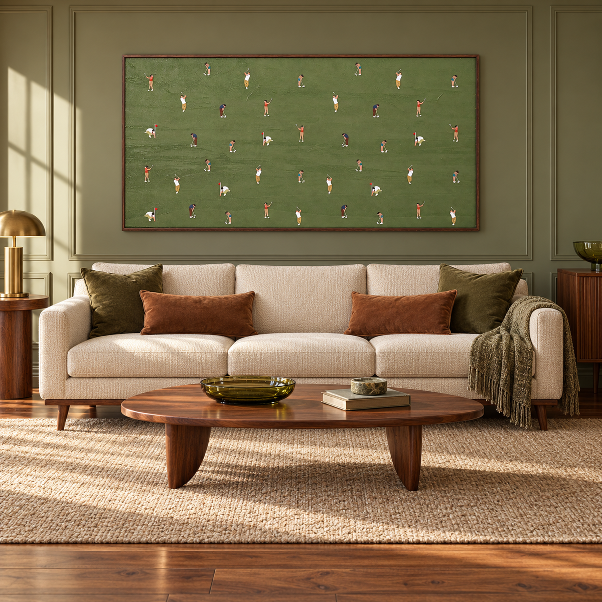 A repeating arrangement of small golfers swinging, putting and crouching beside red flags on a broad olive-green field, in a living room.
