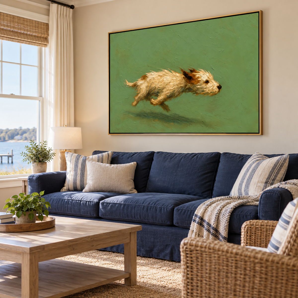 A shaggy cream-colored dog running with all four paws off the ground against a plain green background, shown in room setting 5.
