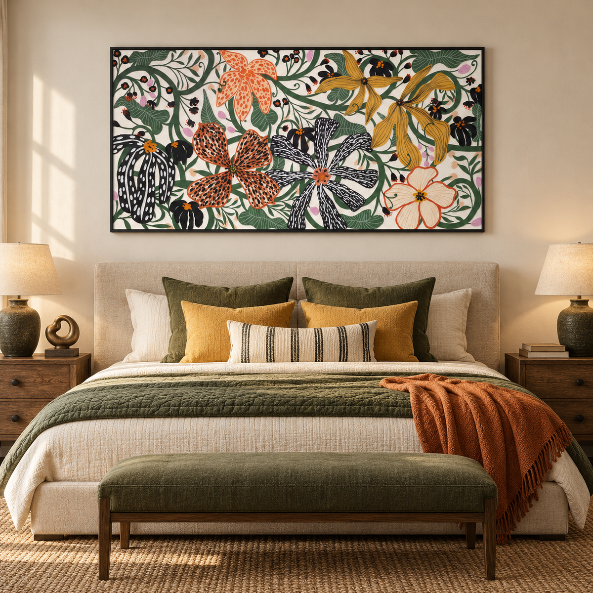 A dense floral pattern with orange and black flowers, mustard-yellow petals and curling green leaves and stems on a cream background, in a bedroom.