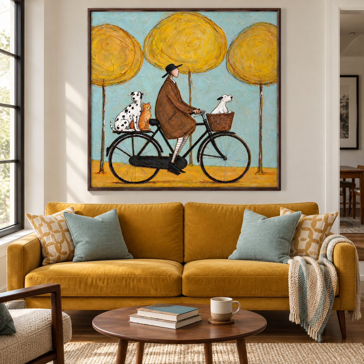 A man in a brown coat riding a black bicycle with a white dog in the front basket and a Dalmatian and orange cat on the rear rack beneath three round yellow trees against pale blue, shown in room setting 1.