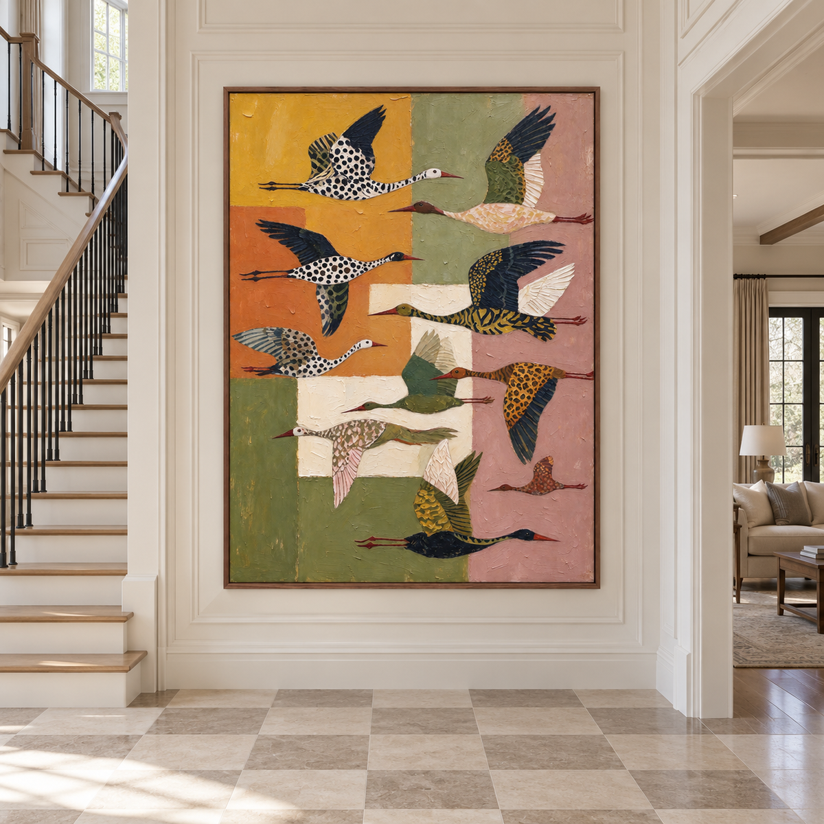 Spotted and striped flying birds over ochre, burnt orange, olive green, cream, and dusty rose blocks, in a tall stairway hall.