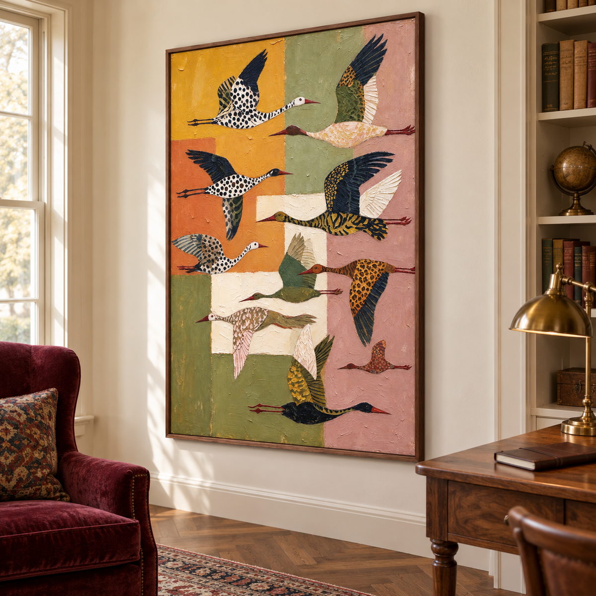 Spotted and striped flying birds over ochre, burnt orange, olive green, cream, and dusty rose blocks, shown from an angle in a study.