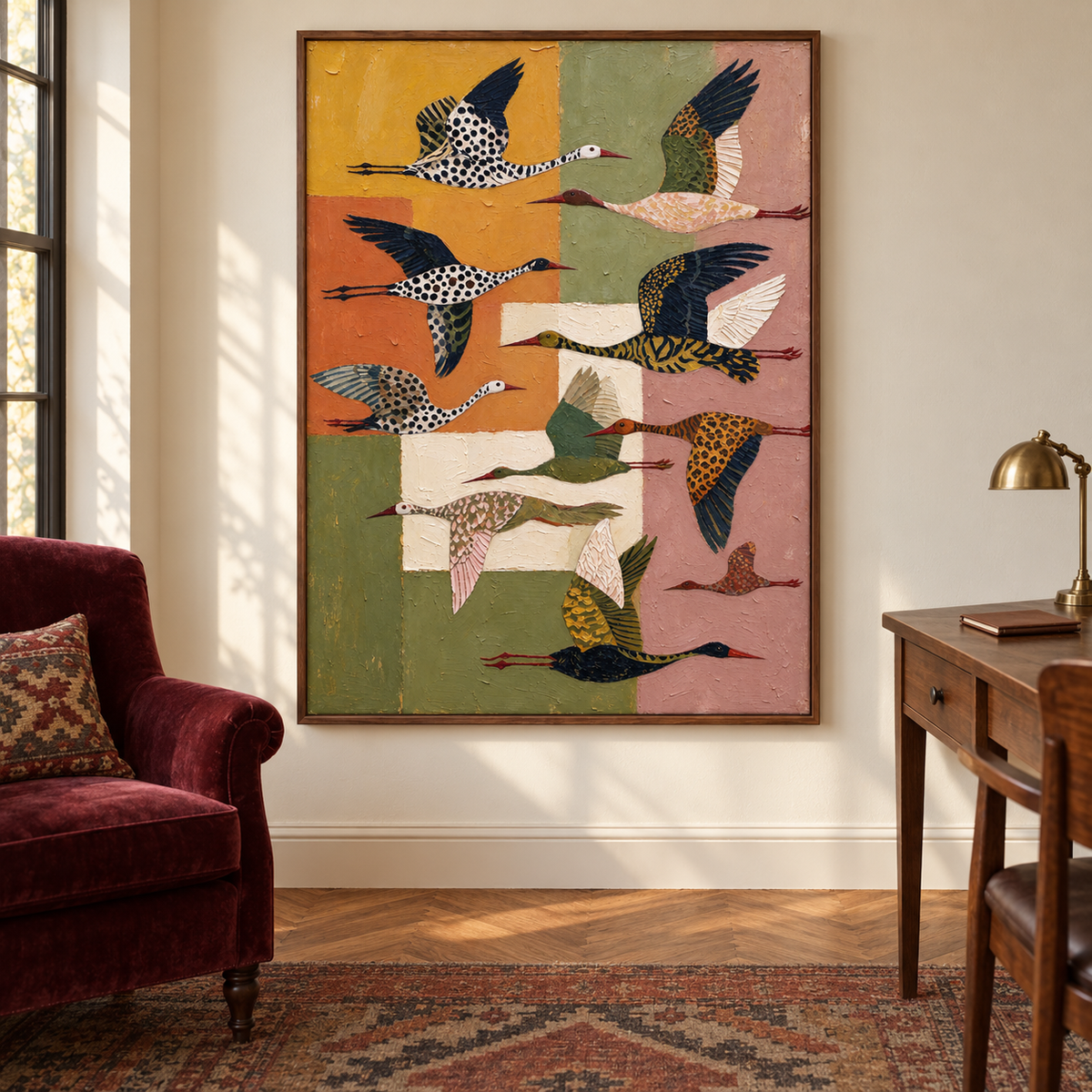 Spotted and striped flying birds over ochre, burnt orange, olive green, cream, and dusty rose blocks, in a vintage-style study.