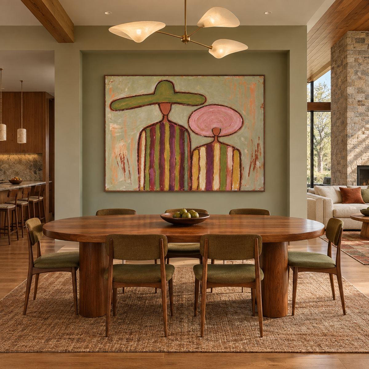 Two faceless figures in green and pink hats with wide multicolored stripes on their shirts, shown in a midcentury dining room.