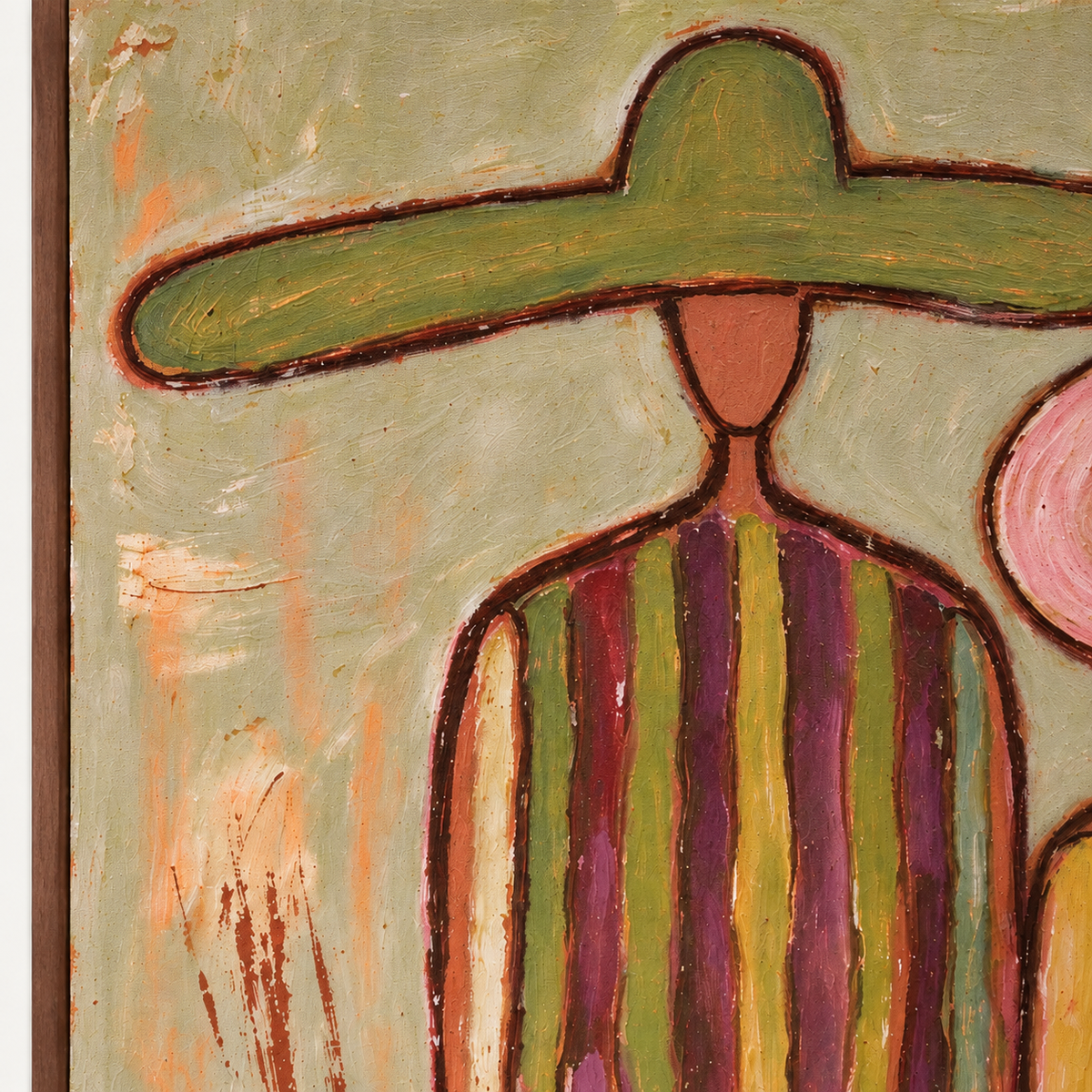 Two faceless figures in green and pink hats with wide multicolored stripes on their shirts, close-up of the painted details.