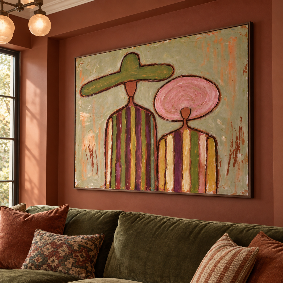 Two faceless figures in green and pink hats with wide multicolored stripes on their shirts, shown from an angle in the room.