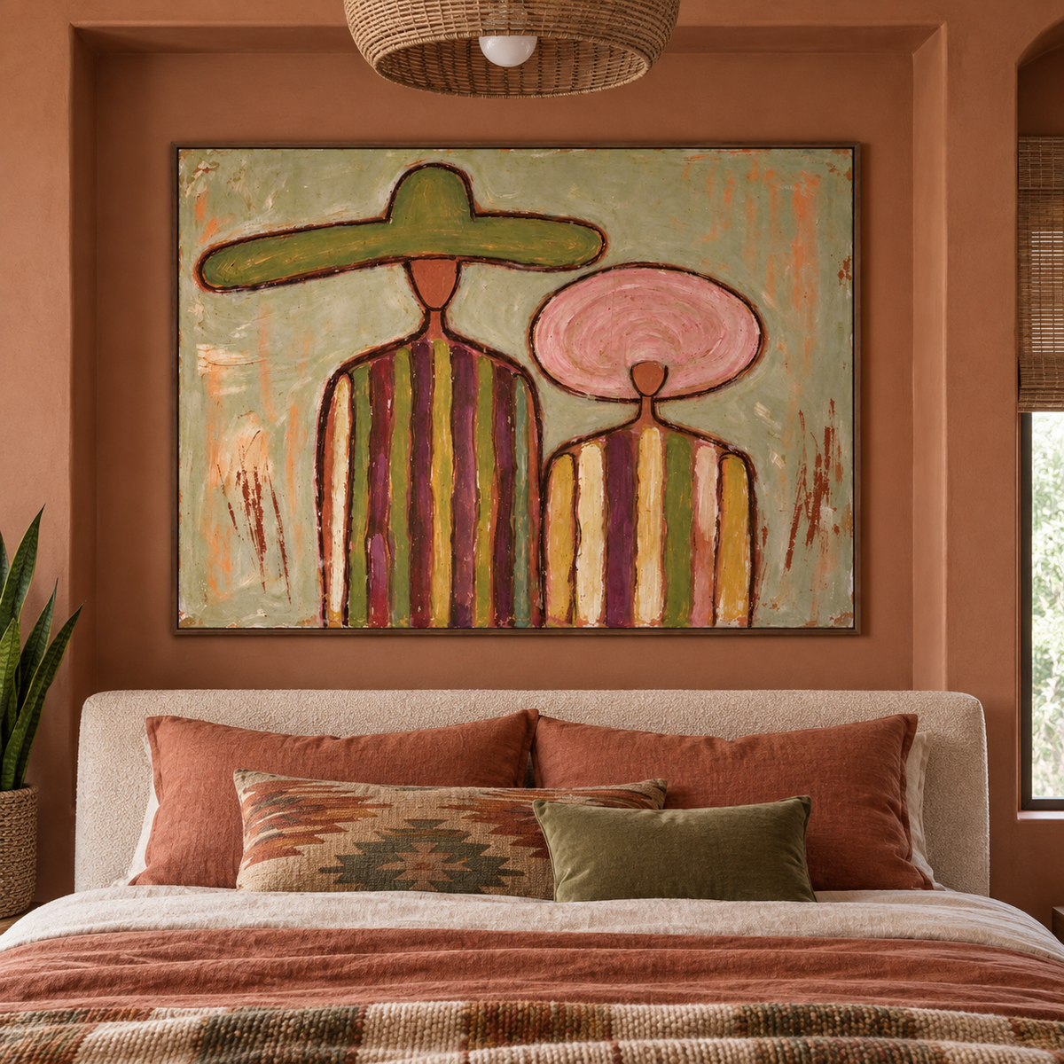 Two faceless figures in green and pink hats with wide multicolored stripes on their shirts, shown in a southwestern bedroom.