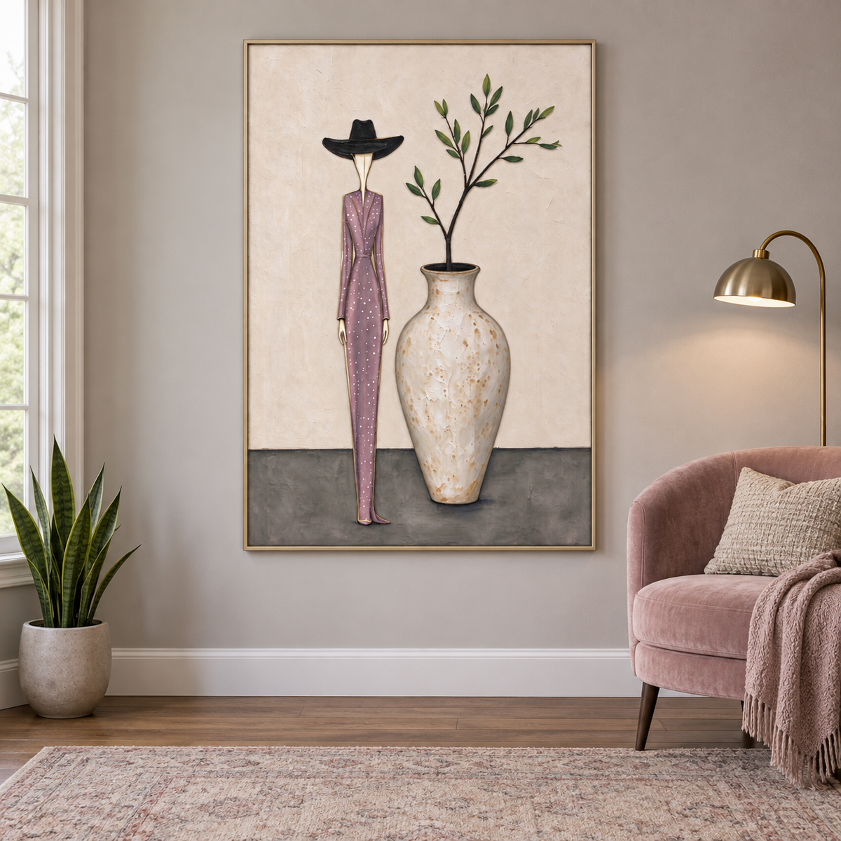 A tall woman in a mauve polka-dot suit and black hat beside a rounded vase with a leafy branch, in a modern study.