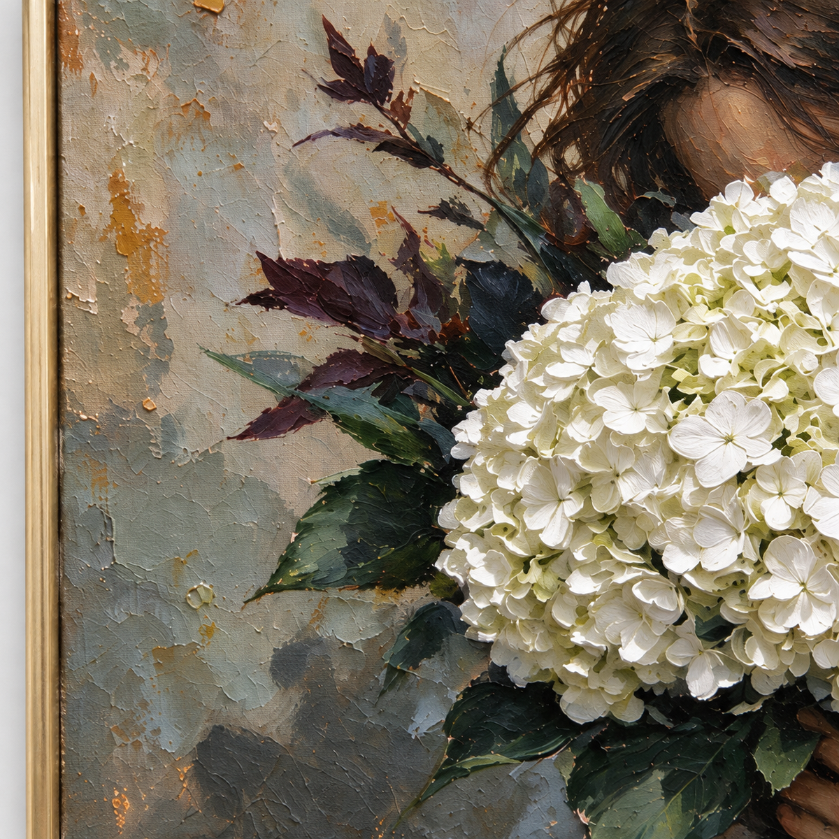 A seated woman embracing white hydrangeas and dark foliage that partly hide her face against a muted gray background, close-up of the painted details.