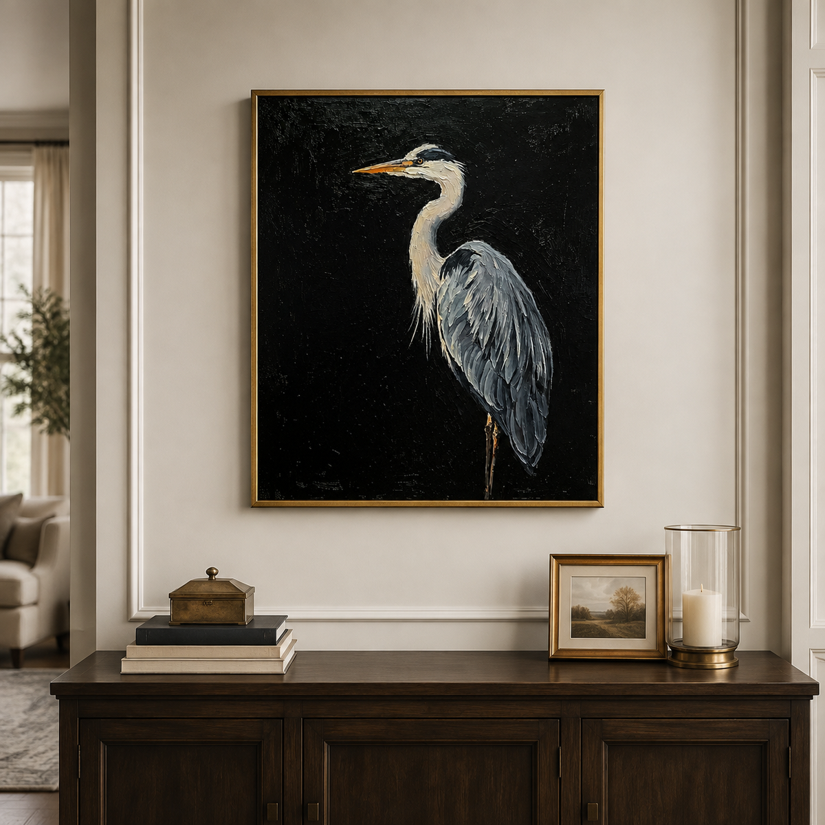 Gray blue heron with a pale curved neck and golden orange beak against black, in a living room.