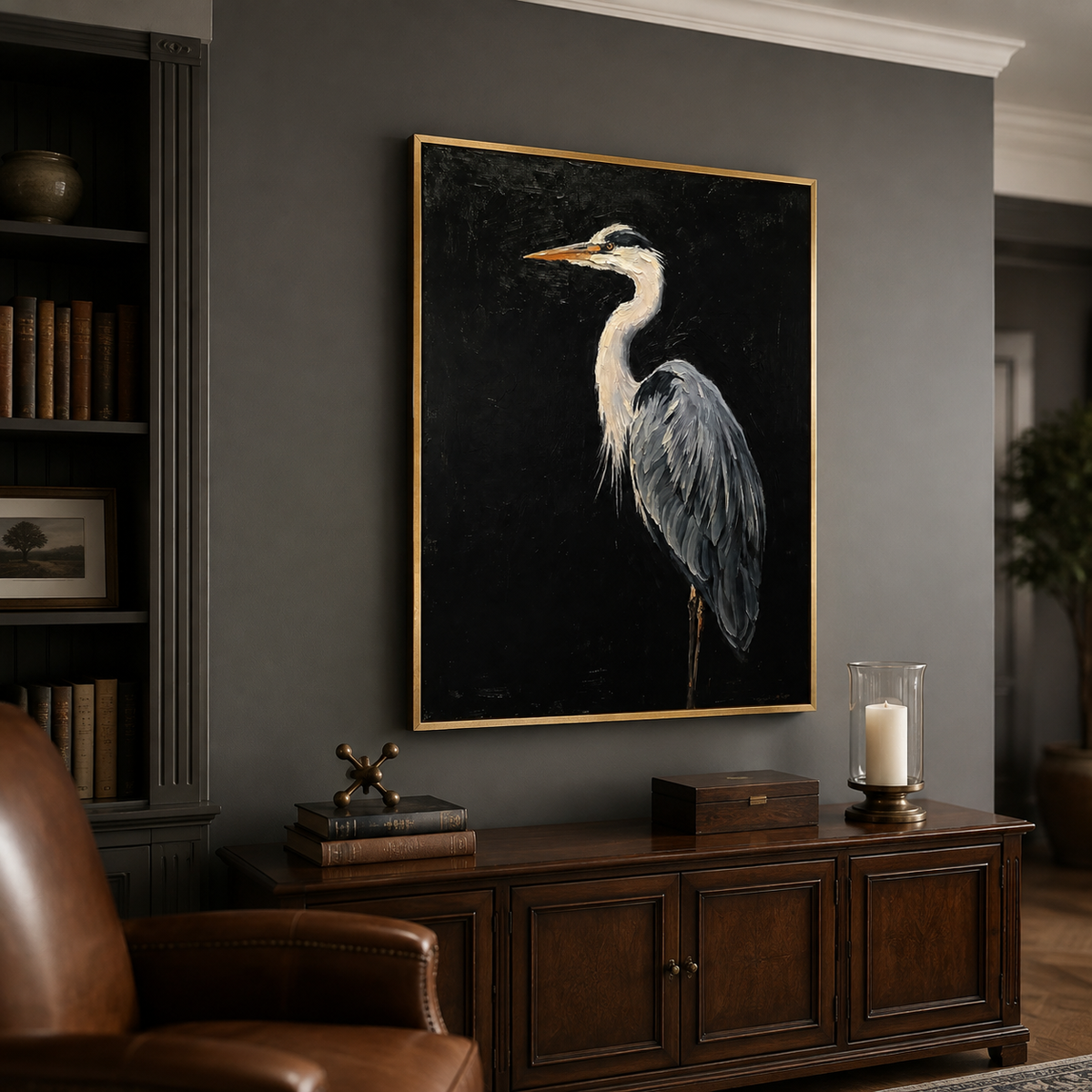 Gray blue heron with a pale curved neck and golden orange beak against black, shown from an angle in a study.