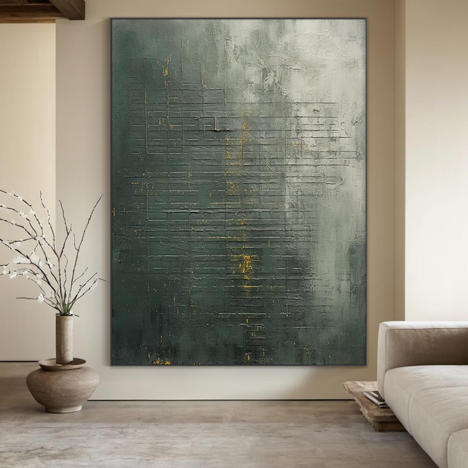 Soft Green Grain - Large Abstract Textured Painting