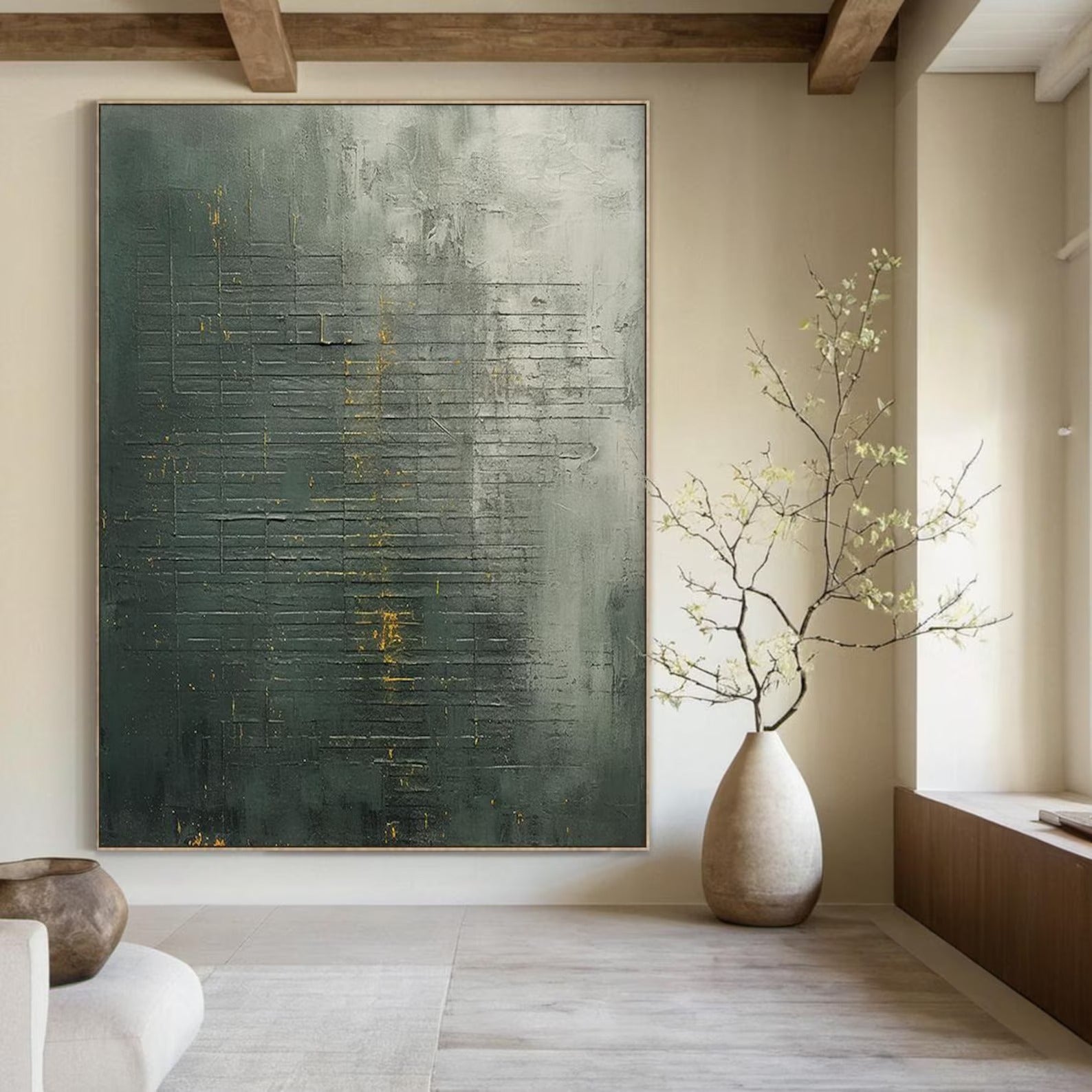Soft Green Grain - Large Abstract Textured Painting