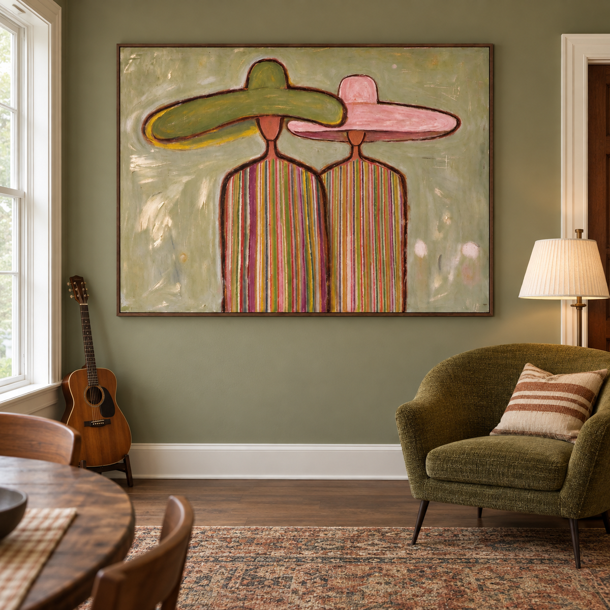 Two close-standing figures in green and pink hats with narrow colorful vertical stripes on their shirts, shown in a home music corner.