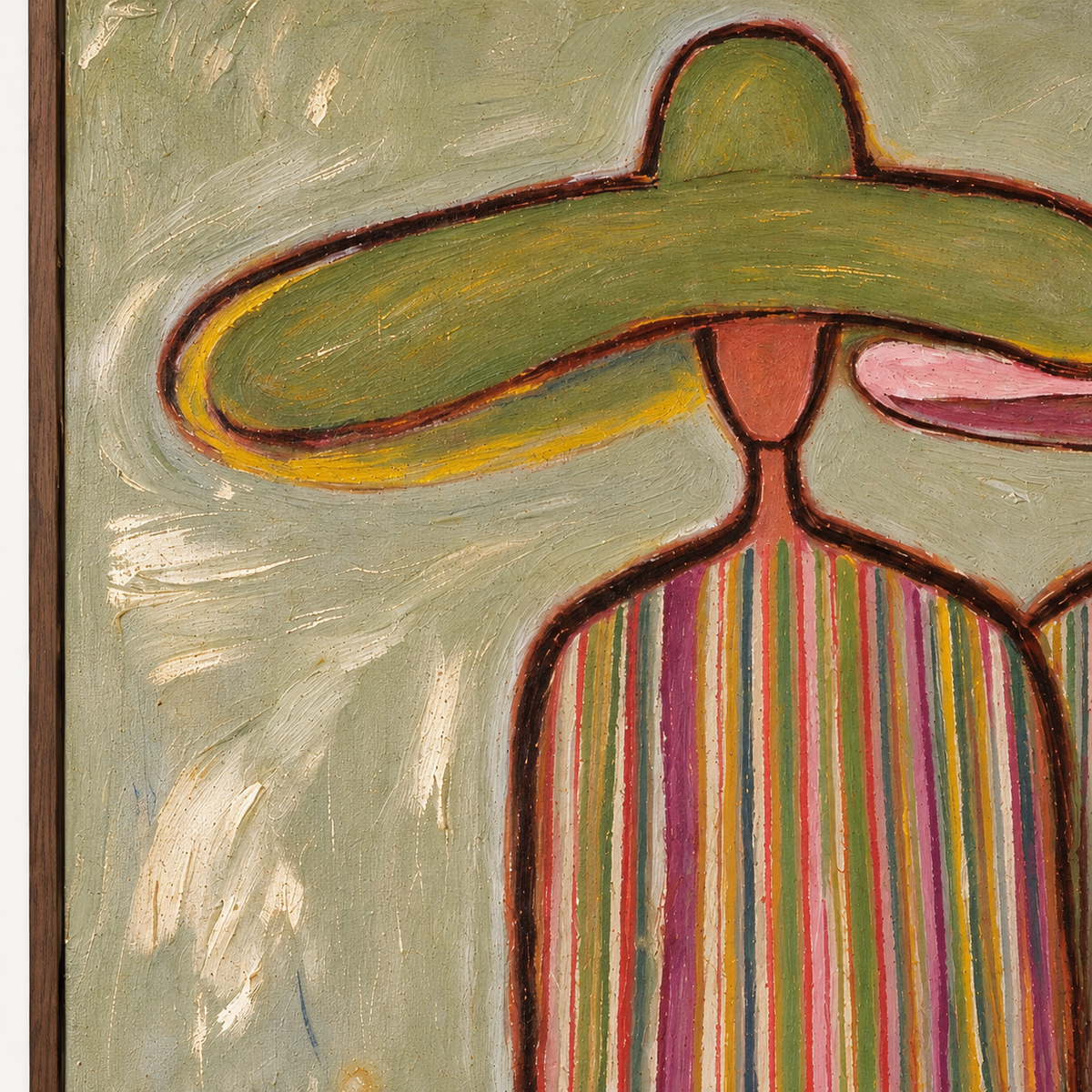 Two close-standing figures in green and pink hats with narrow colorful vertical stripes on their shirts, close-up of the painted details.