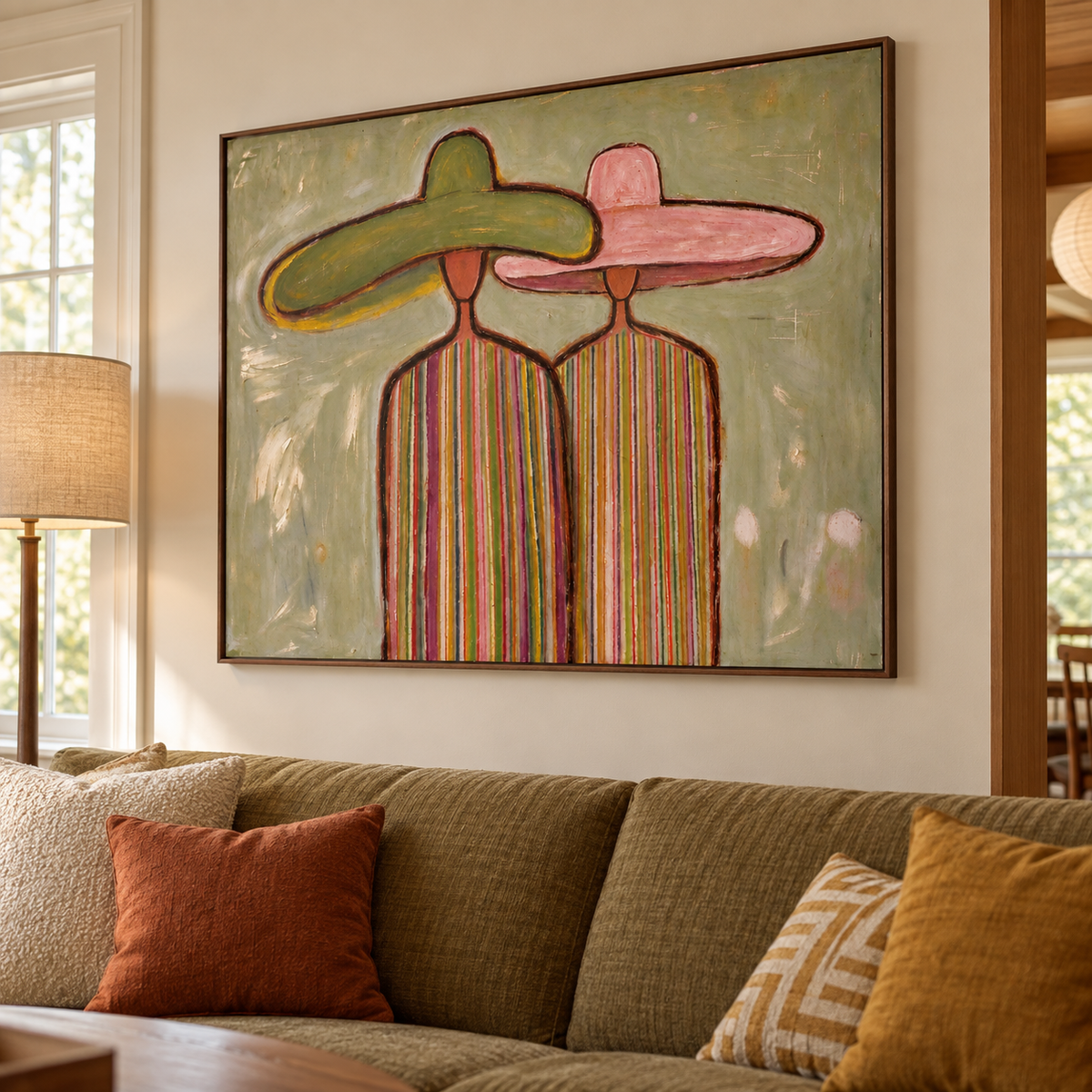 Two close-standing figures in green and pink hats with narrow colorful vertical stripes on their shirts, shown from an angle in the room.
