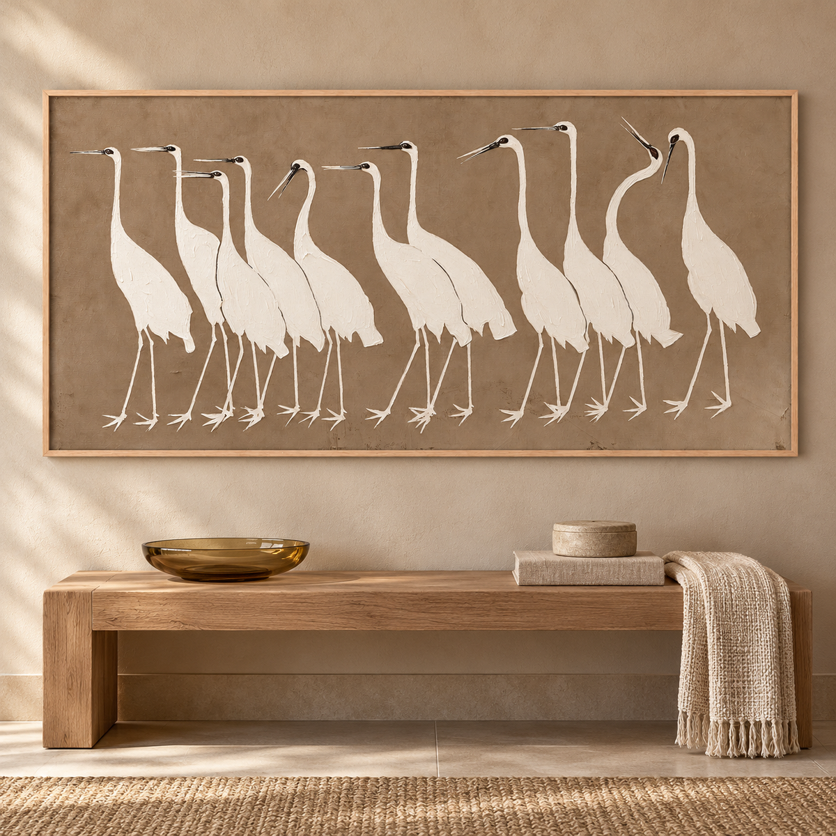 A row of white egrets with long slim legs, curved necks and small dark bills against a plain warm taupe background, in an entryway.