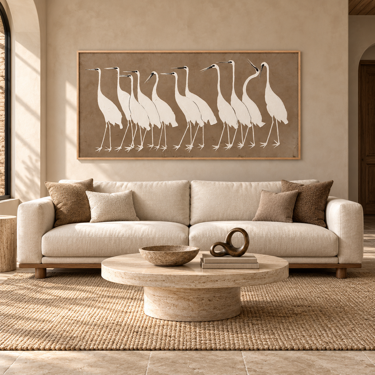 A row of white egrets with long slim legs, curved necks and small dark bills against a plain warm taupe background, in a living room.