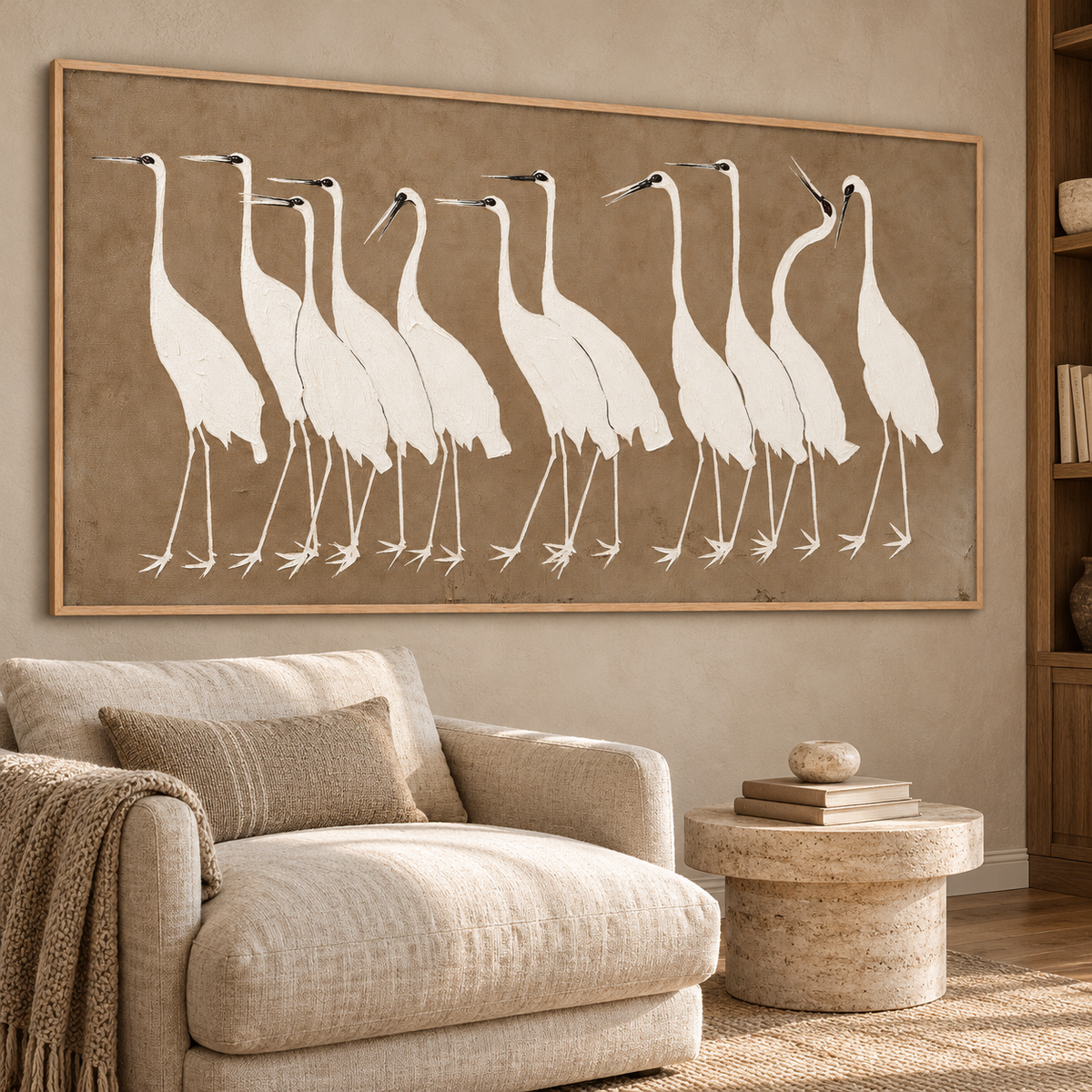 A row of white egrets with long slim legs, curved necks and small dark bills against a plain warm taupe background, shown from an angle in a reading corner.