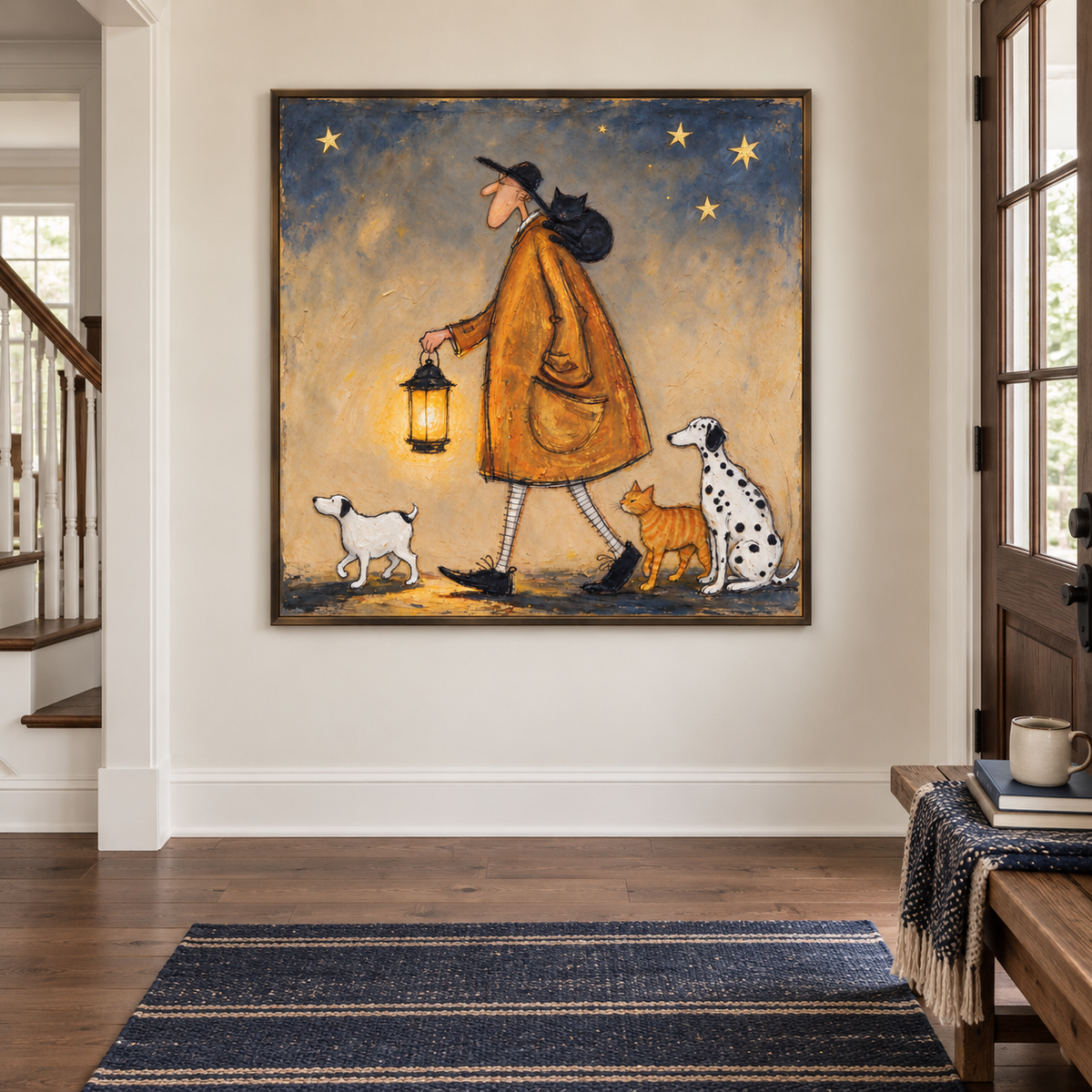 A man in an orange coat holding a glowing lantern at night with a black cat on his shoulder, a white dog ahead, and an orange cat and Dalmatian beside him under gold stars, shown in room setting 2.