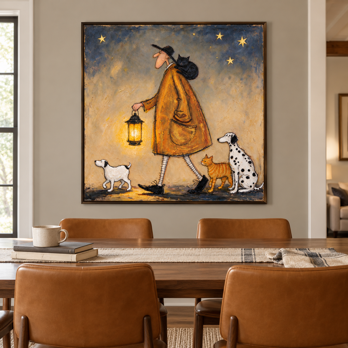 A man in an orange coat holding a glowing lantern at night with a black cat on his shoulder, a white dog ahead, and an orange cat and Dalmatian beside him under gold stars, shown in room setting 3.