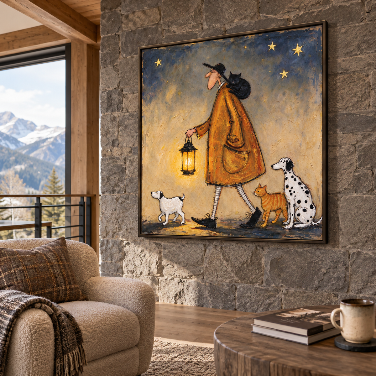 A man in an orange coat holding a glowing lantern at night with a black cat on his shoulder, a white dog ahead, and an orange cat and Dalmatian beside him under gold stars, shown in room setting 5.