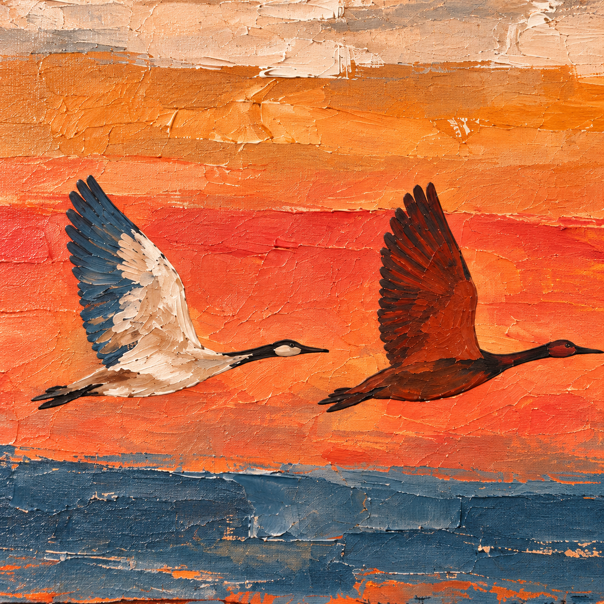 Six long-necked birds flying across an orange sunset above blue and dark earth-colored bands, close-up of two birds against the orange sky.